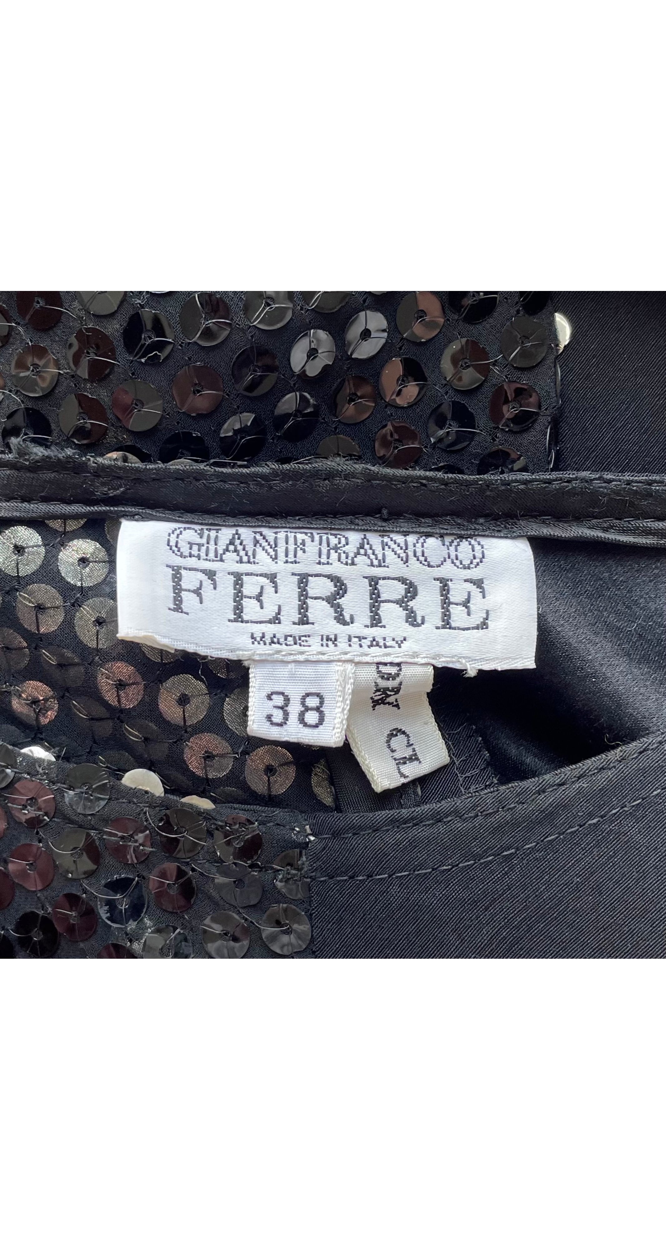 1980s Black Sequin & Wool Long Sleeve Top w/ Neck Piece