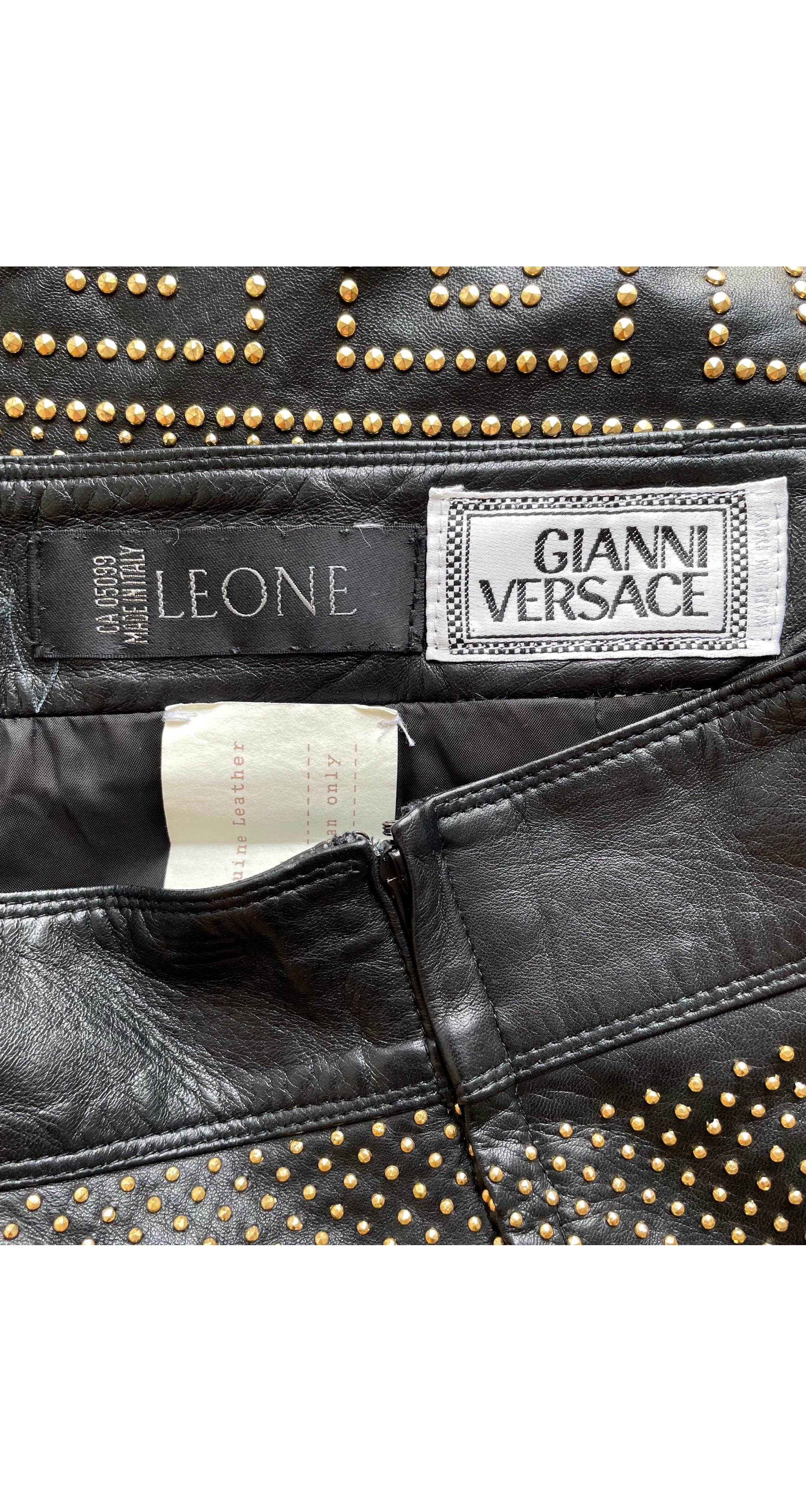 1992 Iconic Greek Key Gold Studded Black Leather Skirt