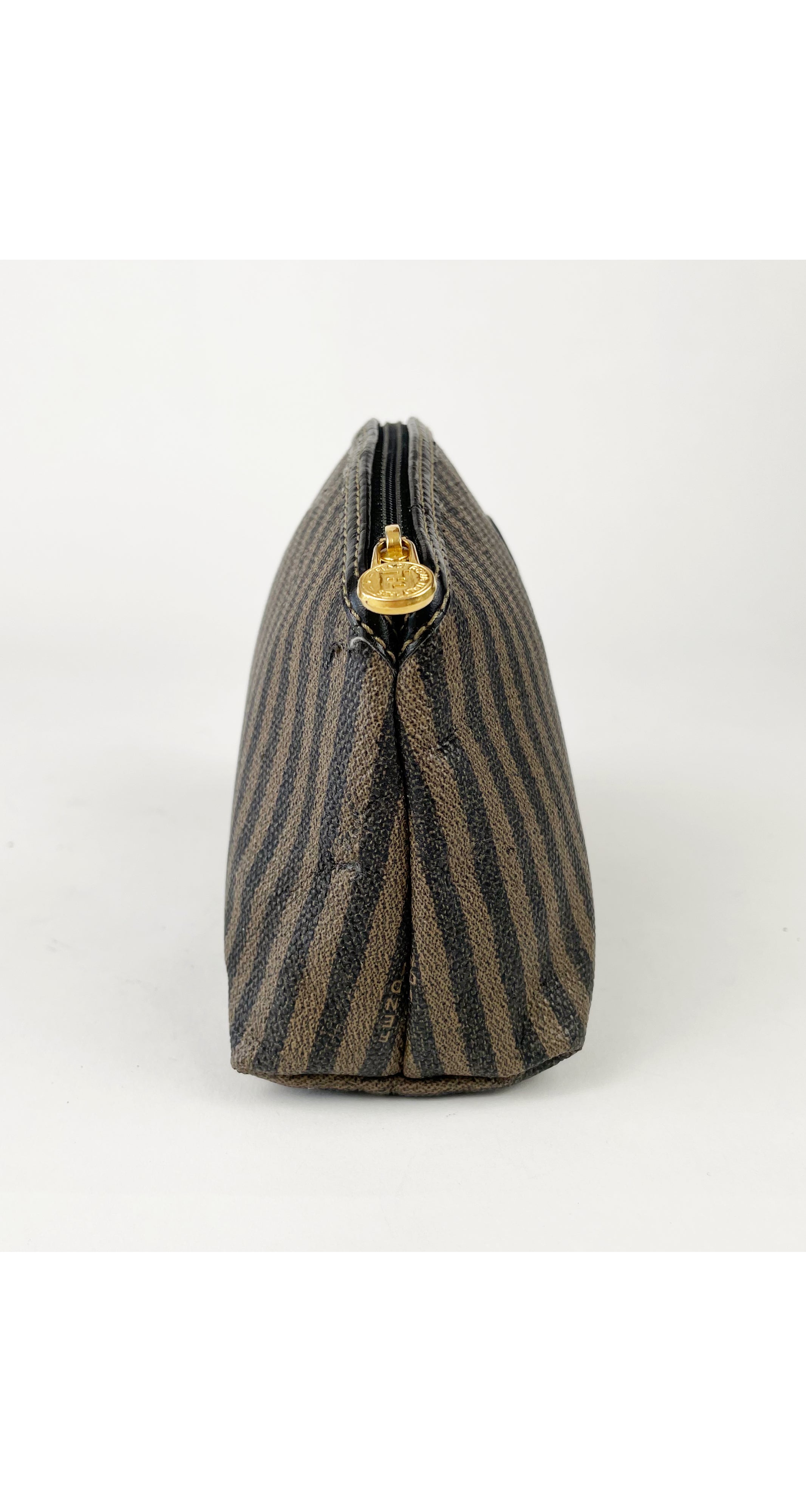 1980s Pequin Striped Brown Cosmetic Bag