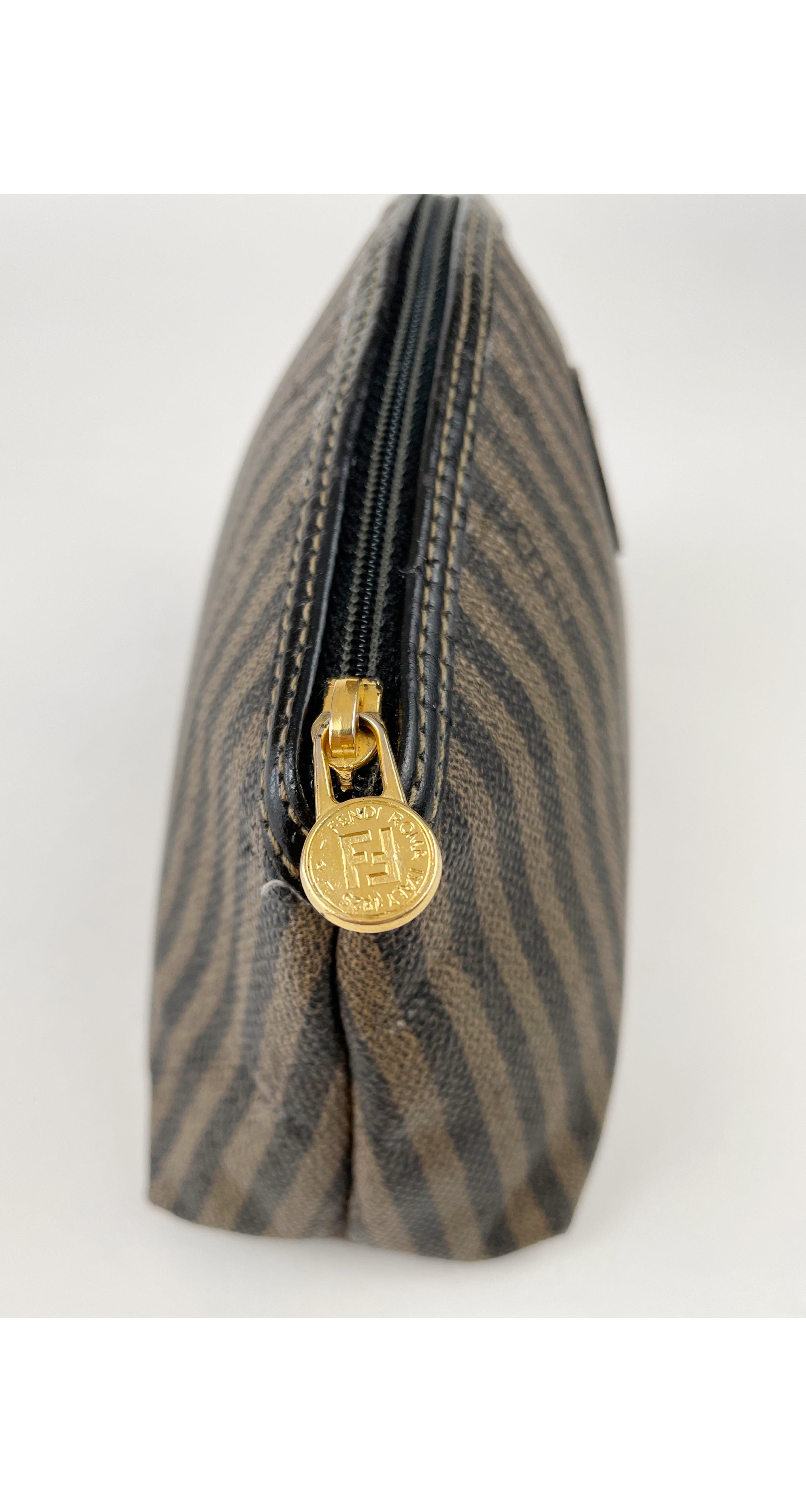 1980s Pequin Striped Brown Cosmetic Bag