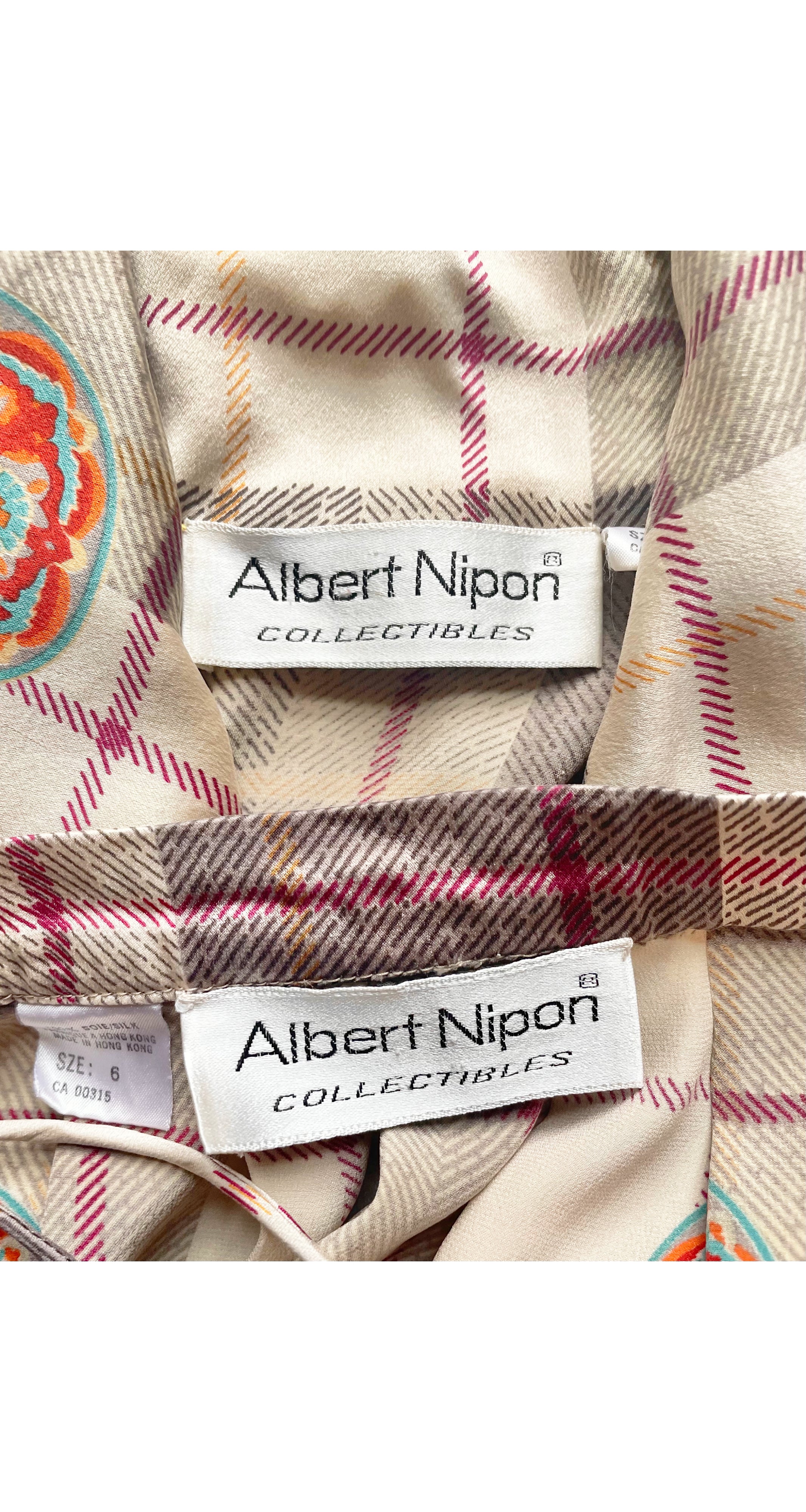 1980s Beige Plaid Silk Blouse & Pleated Skirt Set