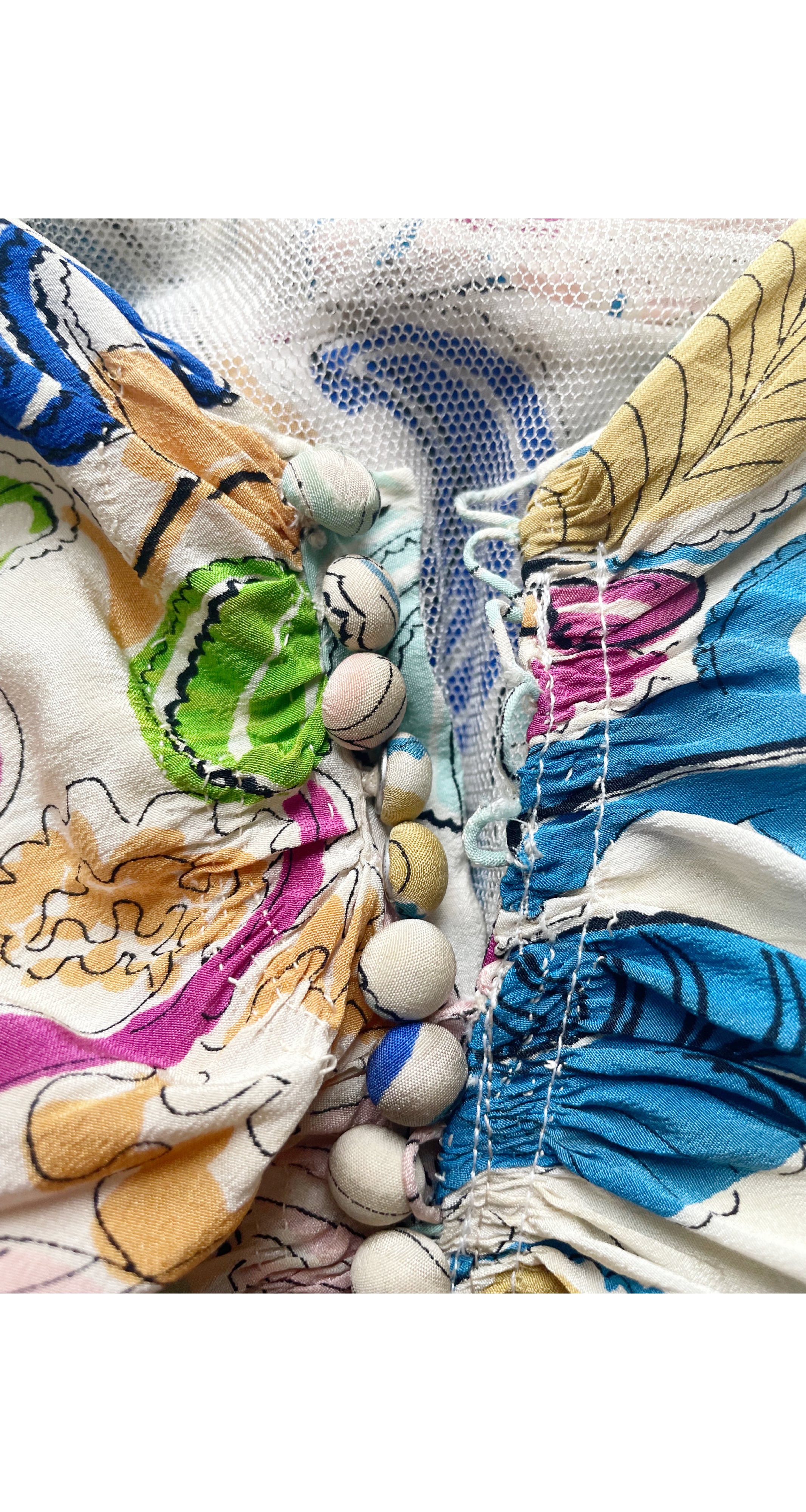 1930s Feather Plume Novelty Print Silk Evening Gown