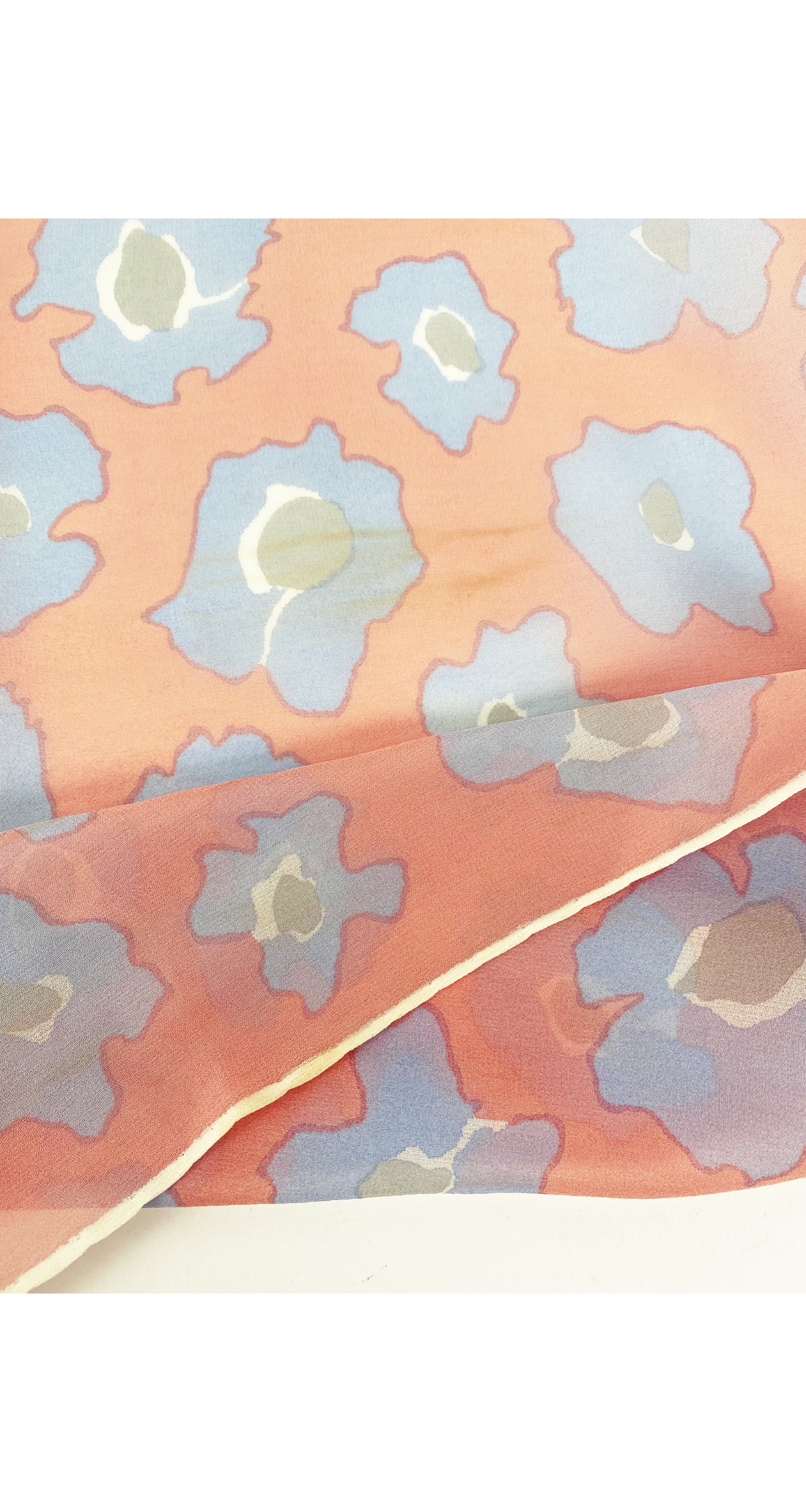 1970s Long Floral White Silk Chiffon Scarf