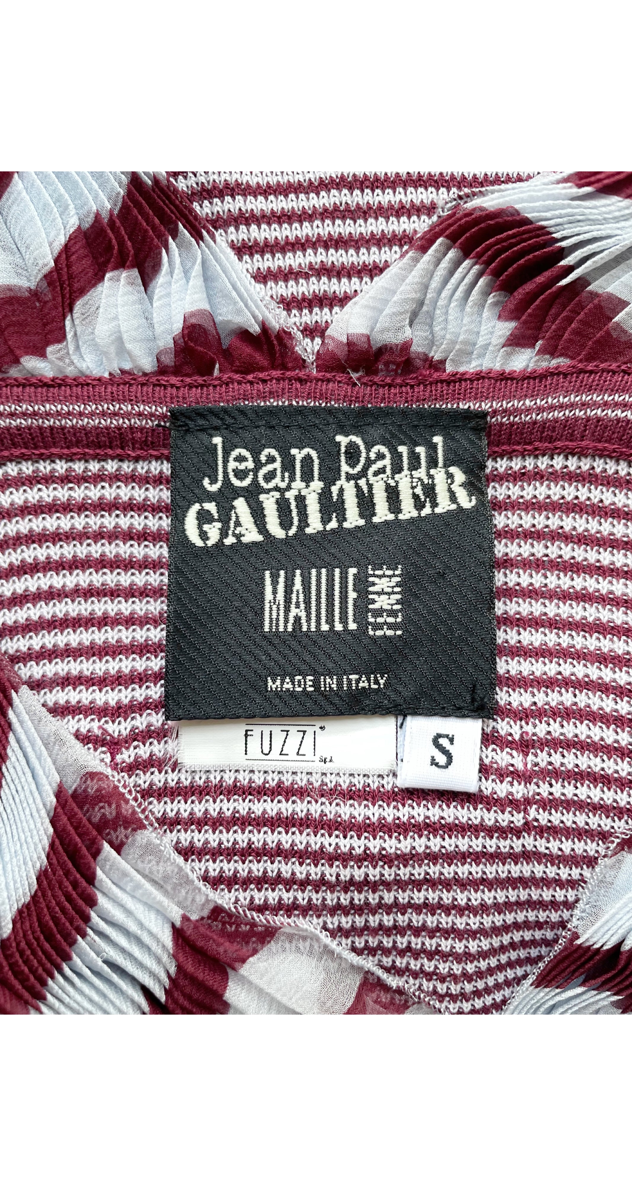 2000s Pleated Silk Chiffon Trim Striped Knit Top