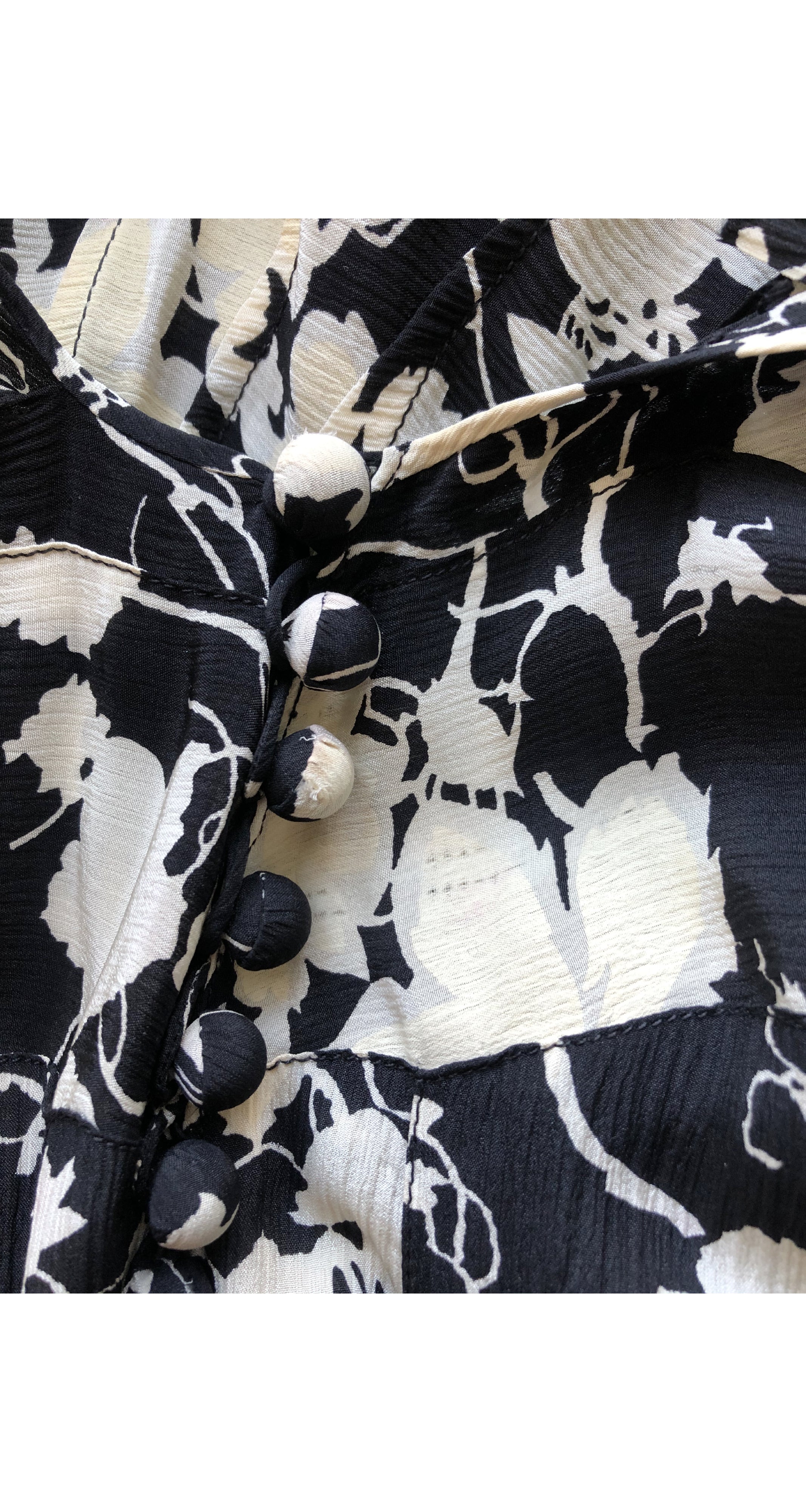 1930s French Black & Cream Floral Silk Crepe Gown