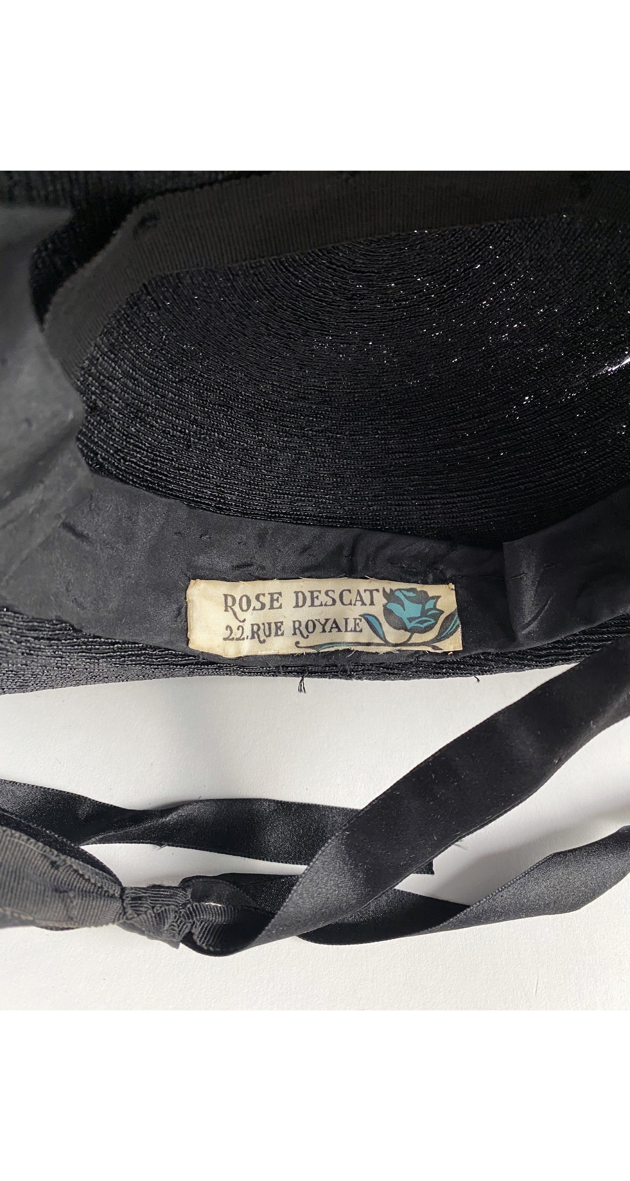 1930s Black Silk Bow & Straw Wide-Brim Hat