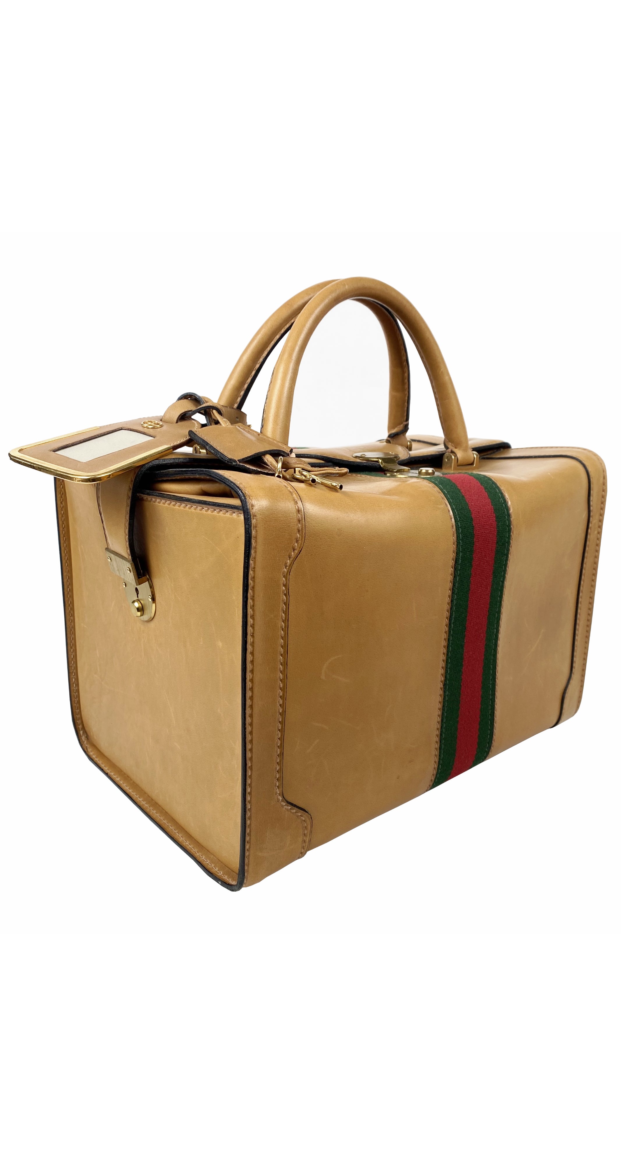1970s Tan Leather Red & Green Stripe Travel Case