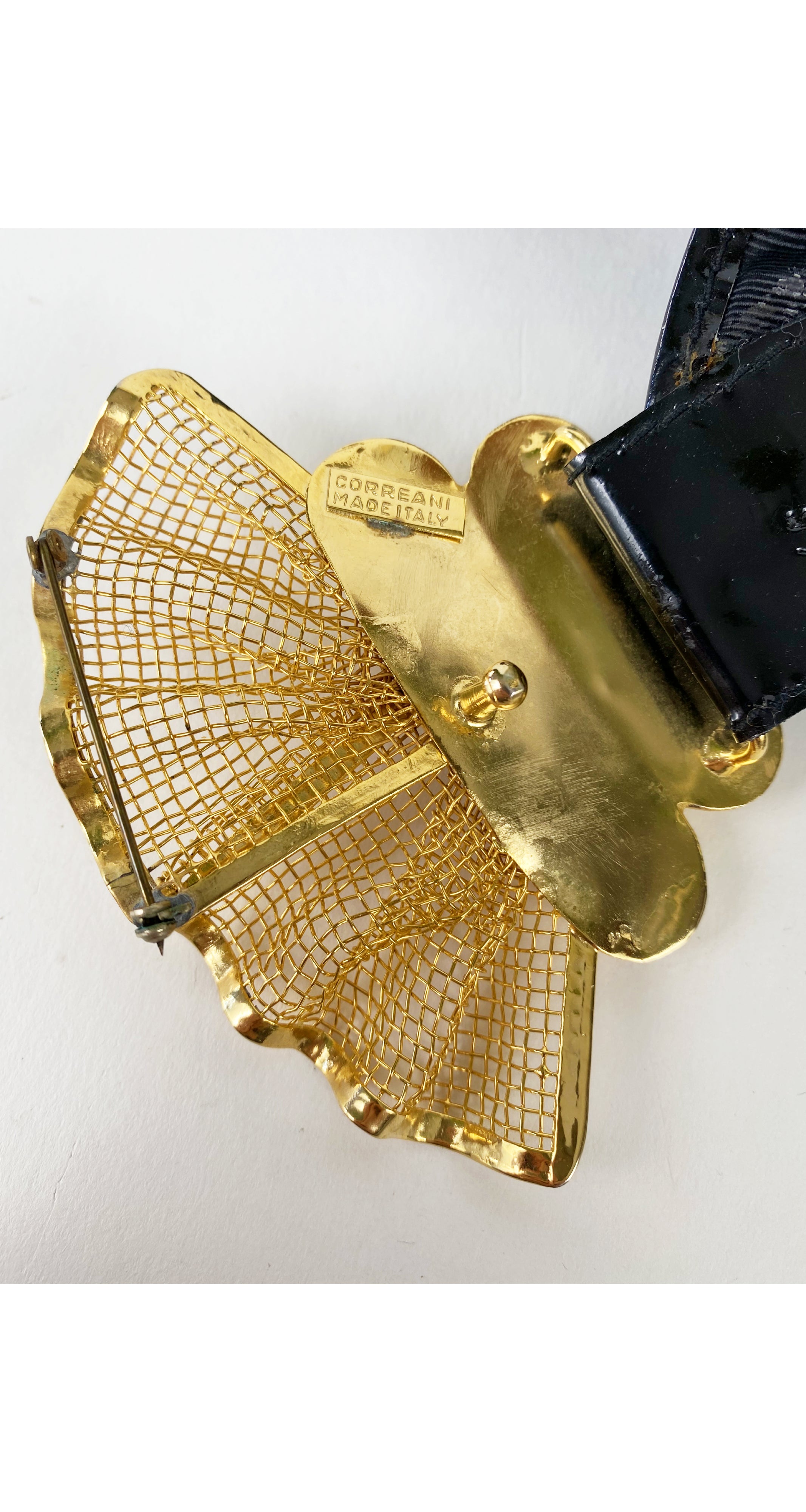 1980s Gold Metal Fan Buckle Moire Wide Belt