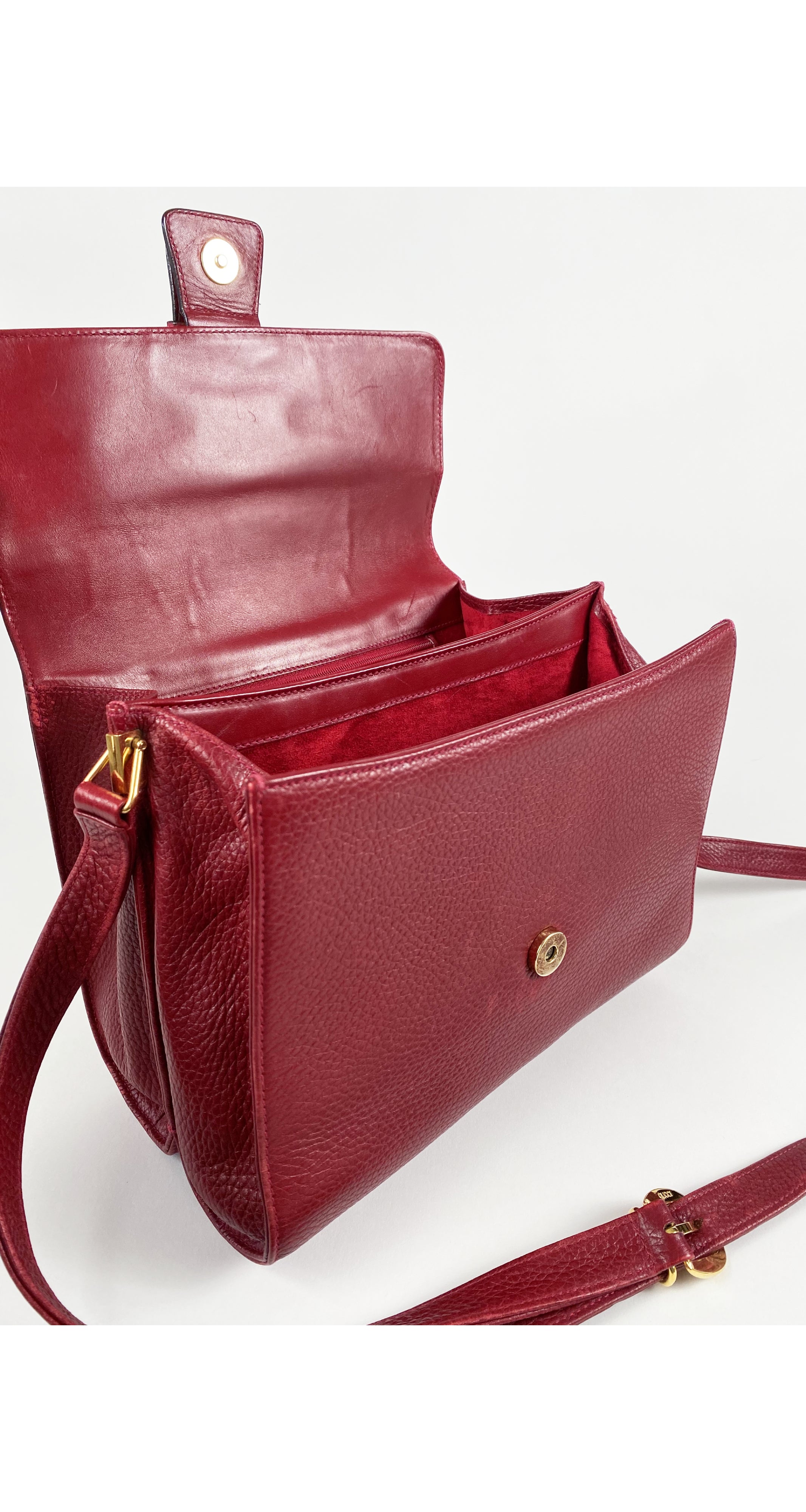 1990s Dark Red Leather Buckle Crossbody Bag