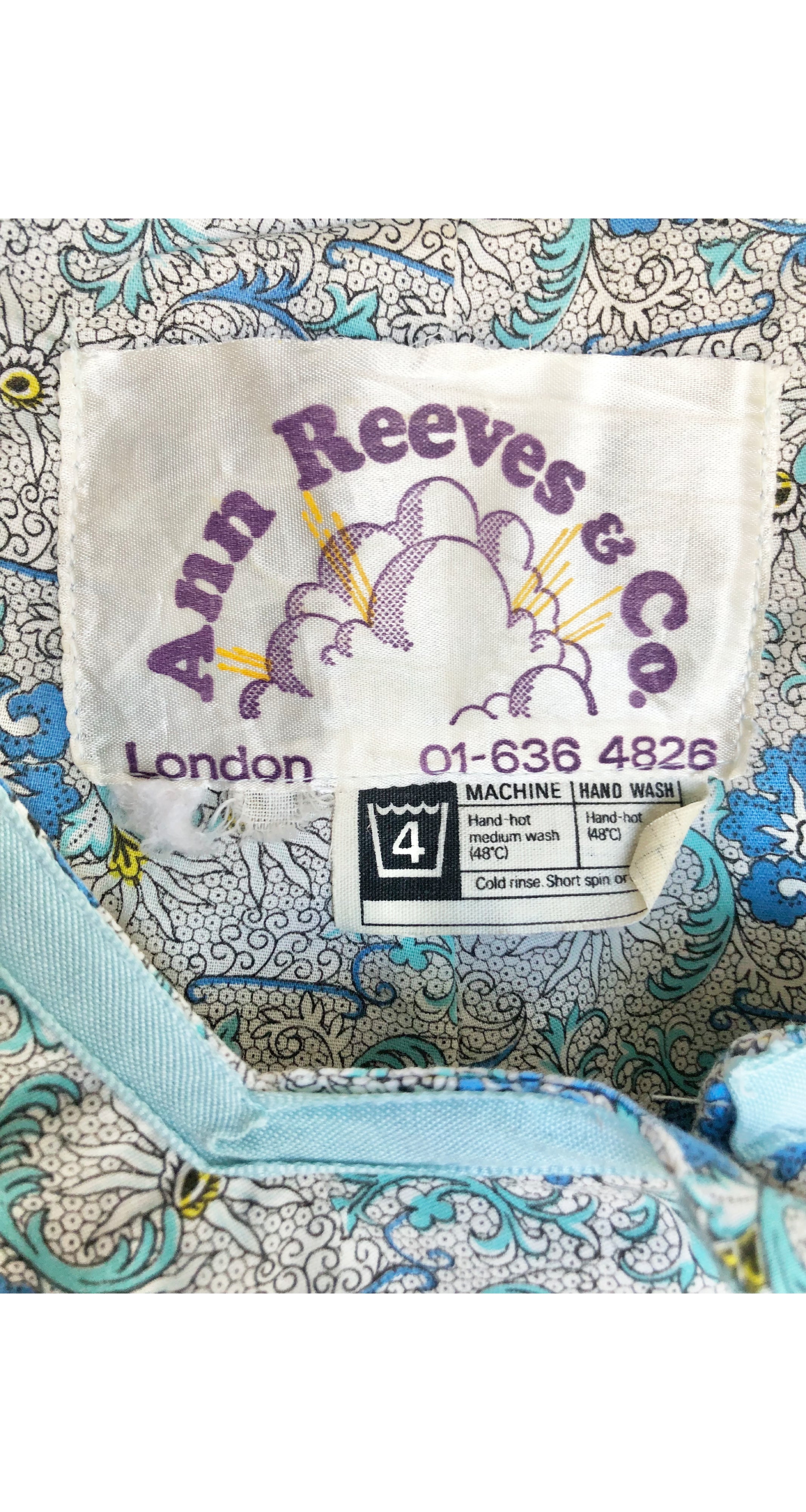 1970s Blue Floral Cotton Billowing Sleeve Blouse & Skirt Set