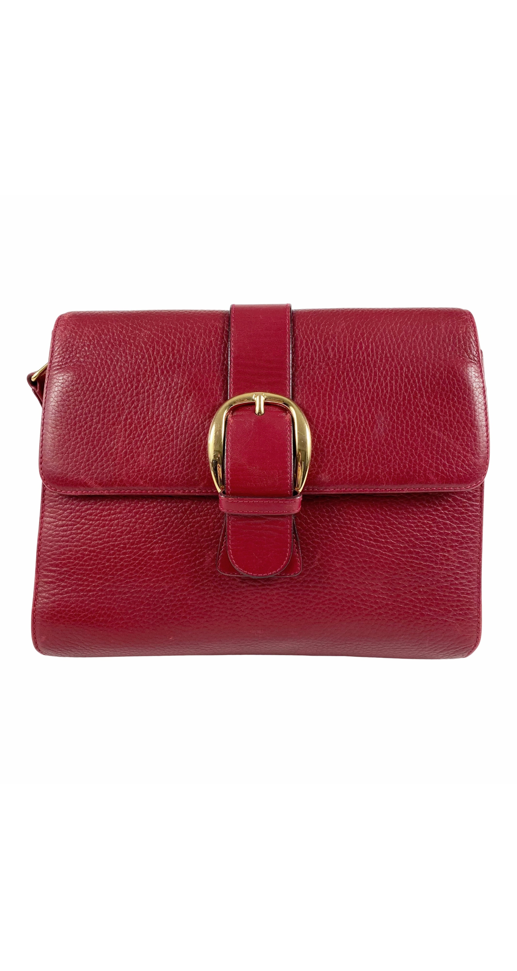 1990s Dark Red Leather Buckle Crossbody Bag