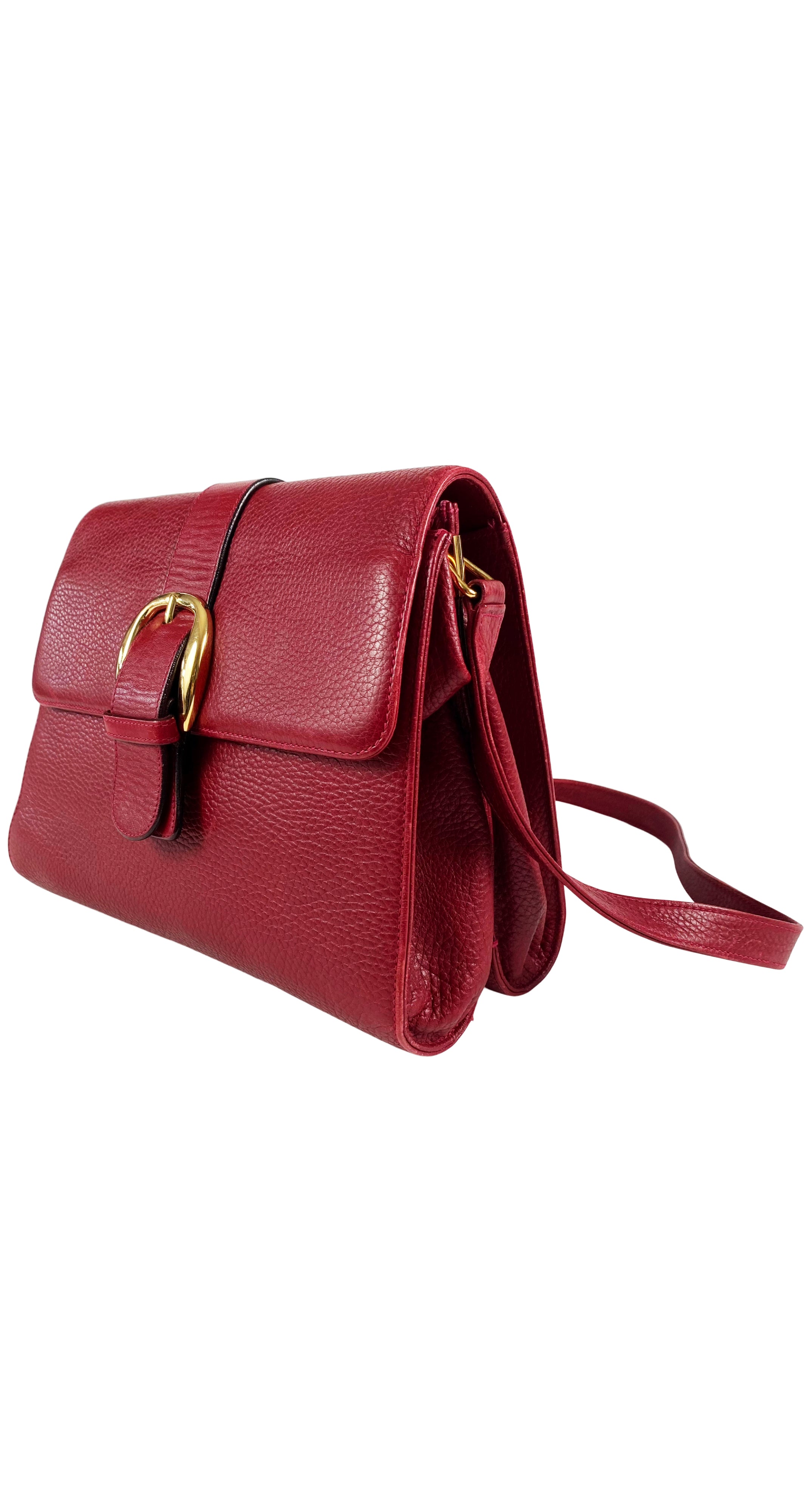 1990s Dark Red Leather Buckle Crossbody Bag