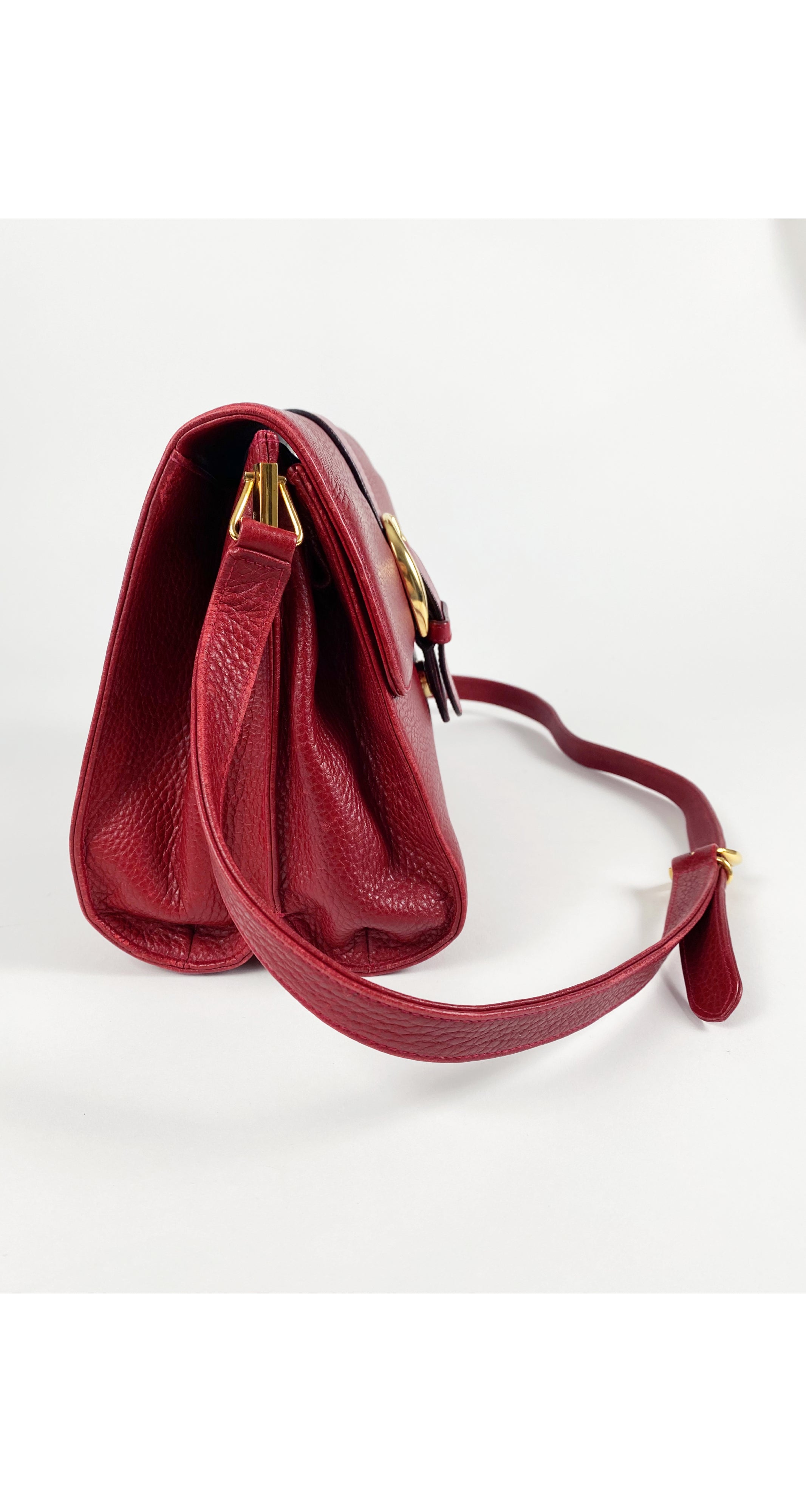 1990s Dark Red Leather Buckle Crossbody Bag