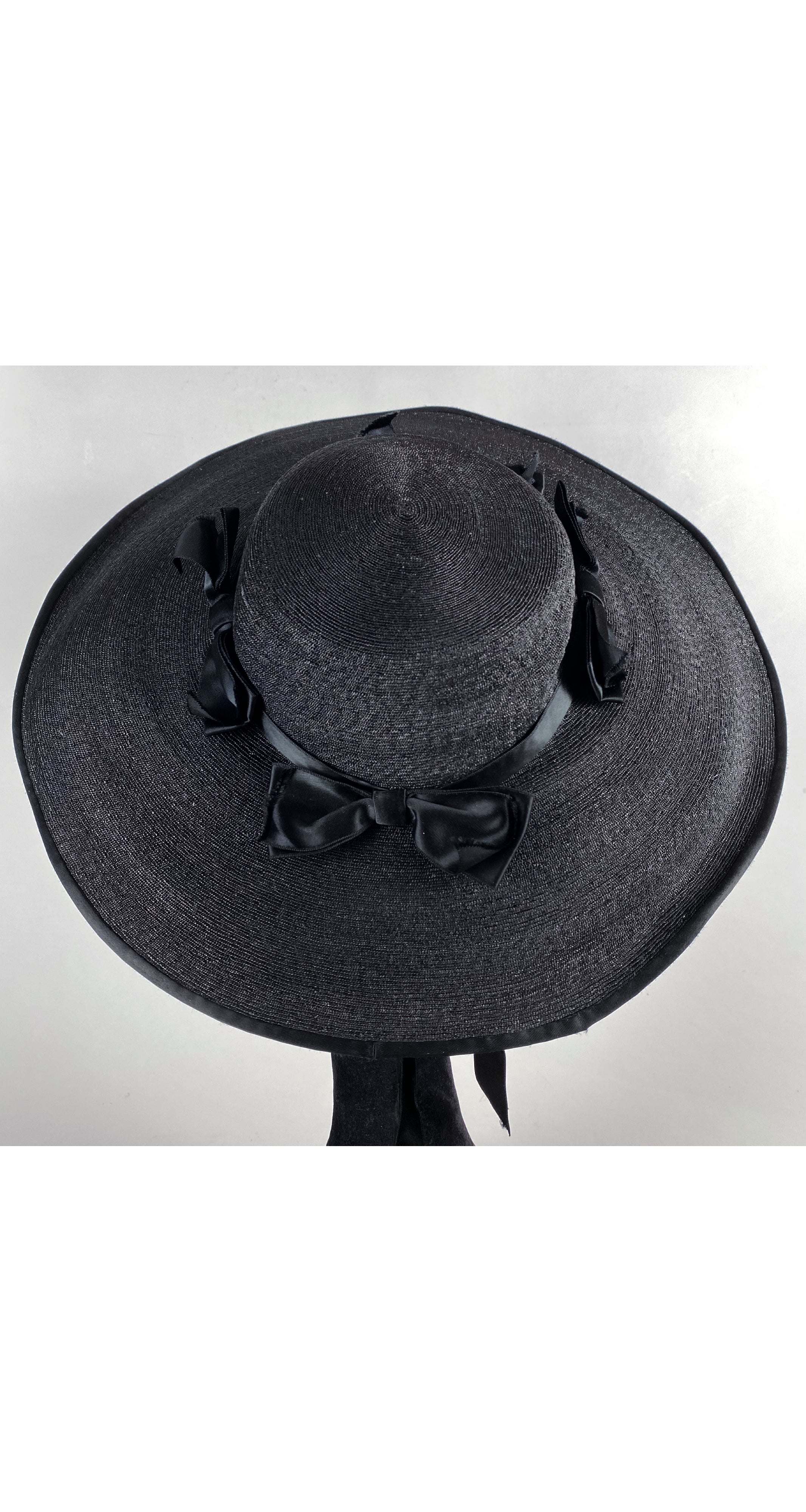 1930s Black Silk Bow & Straw Wide-Brim Hat