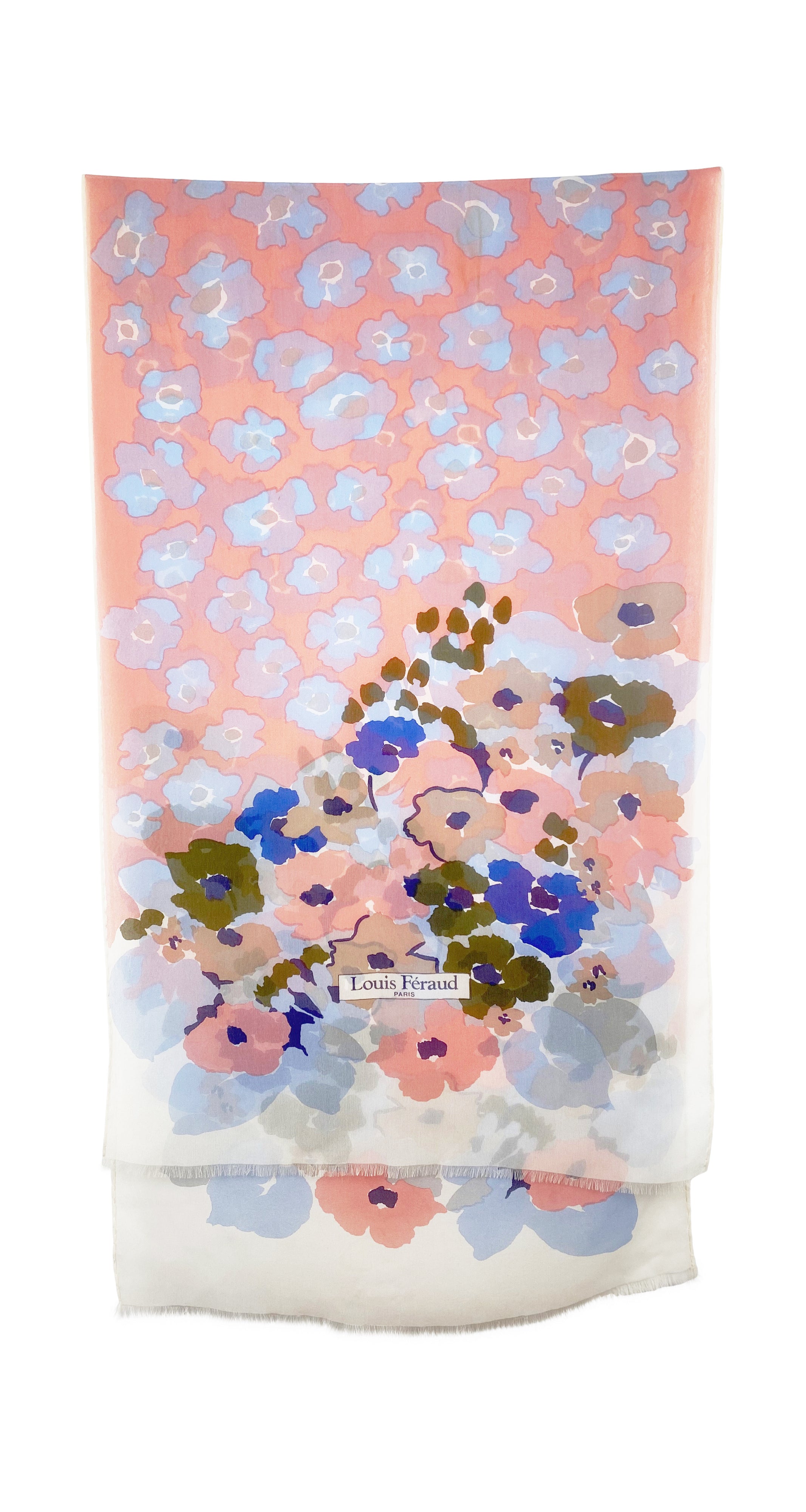 1970s Long Floral White Silk Chiffon Scarf