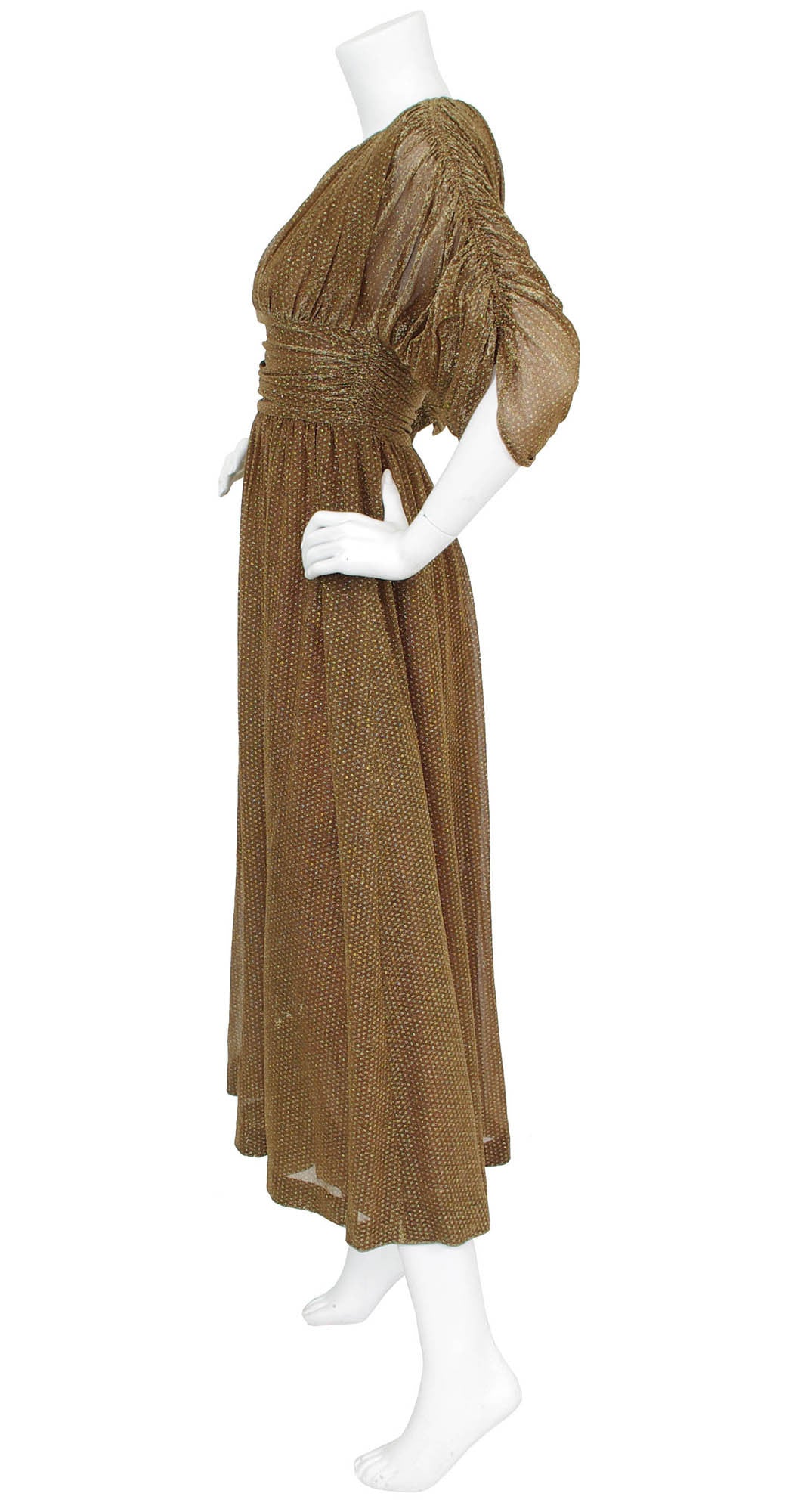 1970s Bronze Lurex Metallic Ruched Evening Dress