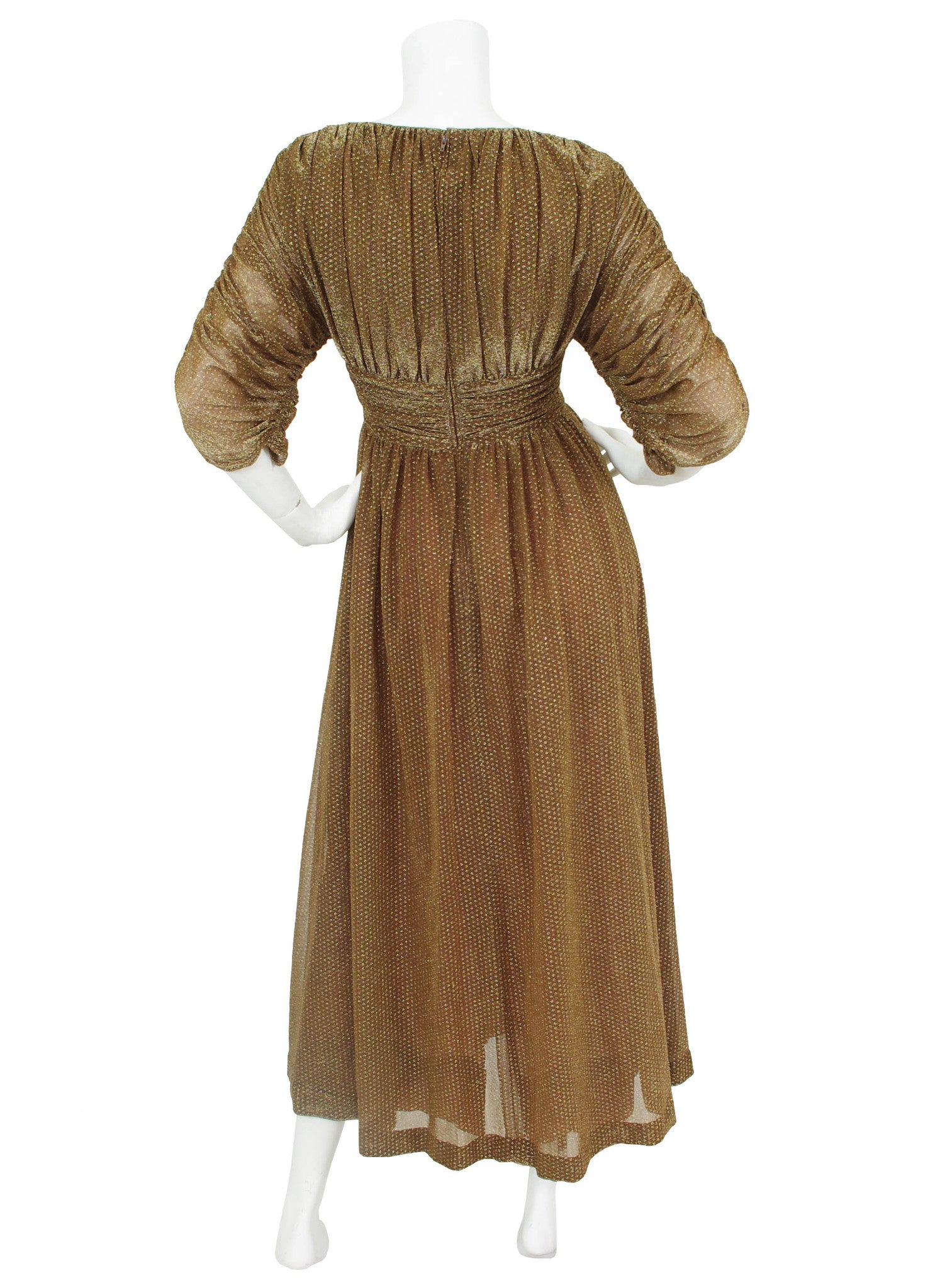1970s Bronze Lurex Metallic Ruched Evening Dress