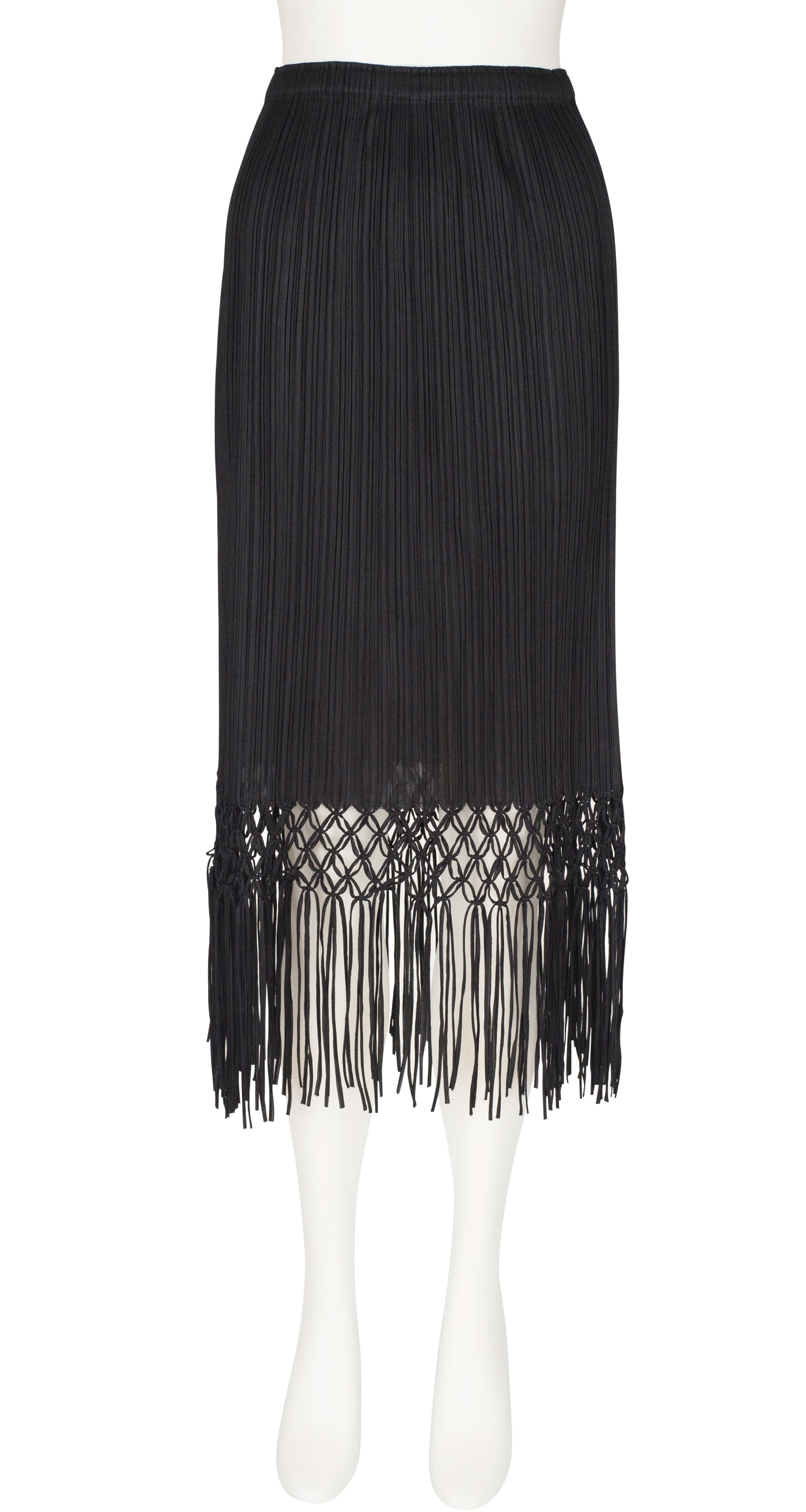 1990s Black Pleated Macrame Fringe Skirt