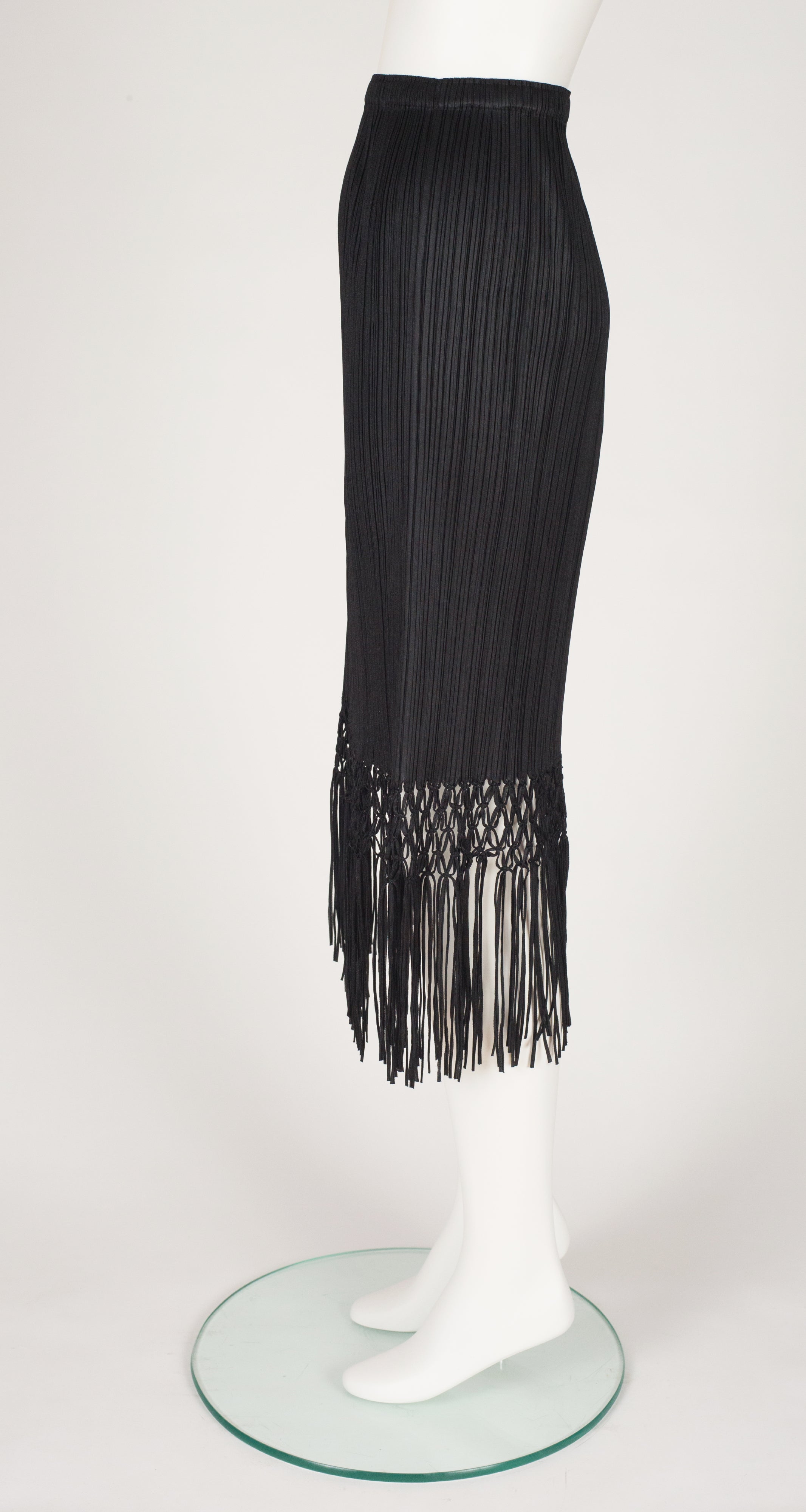1990s Black Pleated Macrame Fringe Skirt