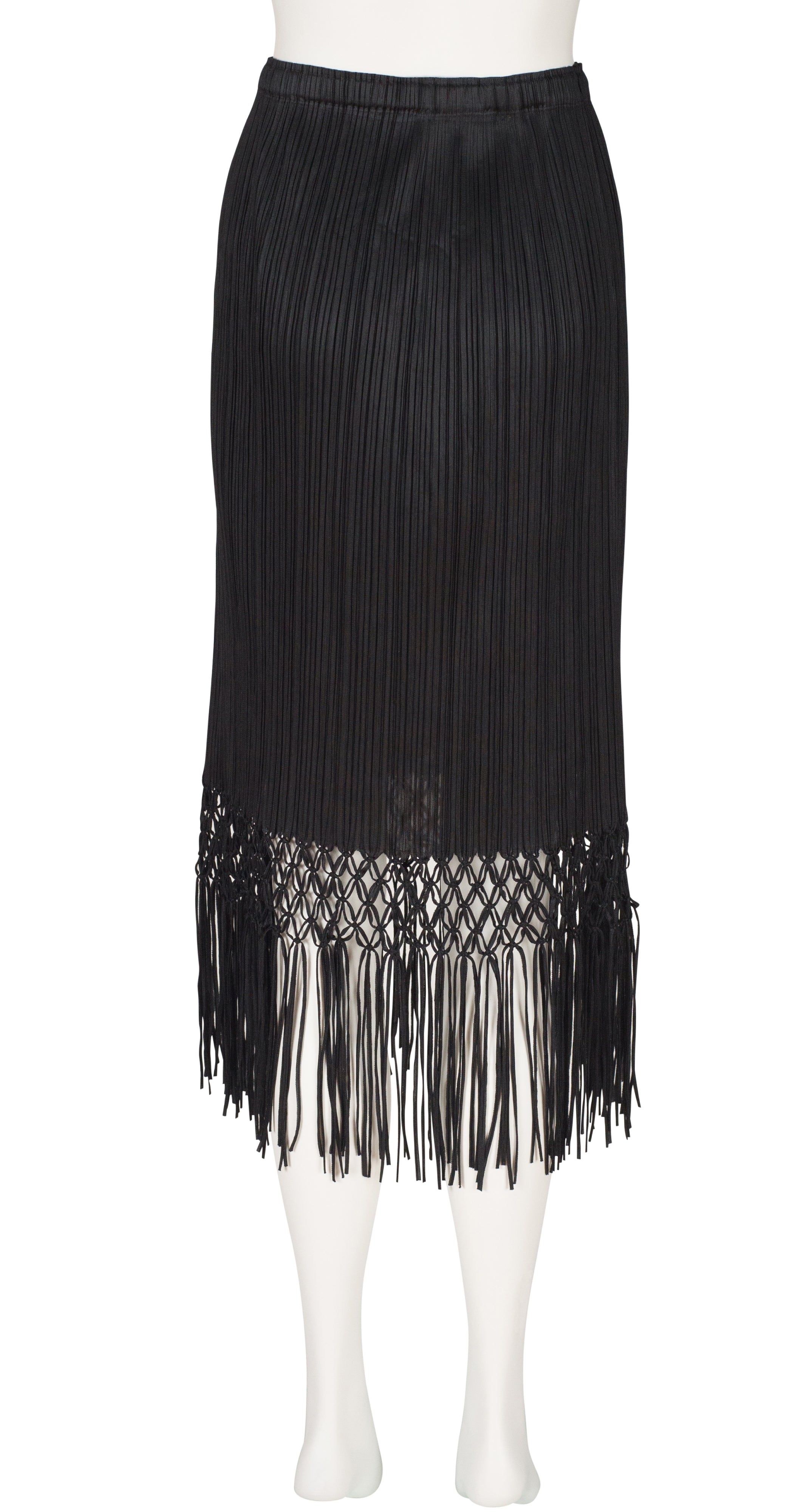1990s Black Pleated Macrame Fringe Skirt