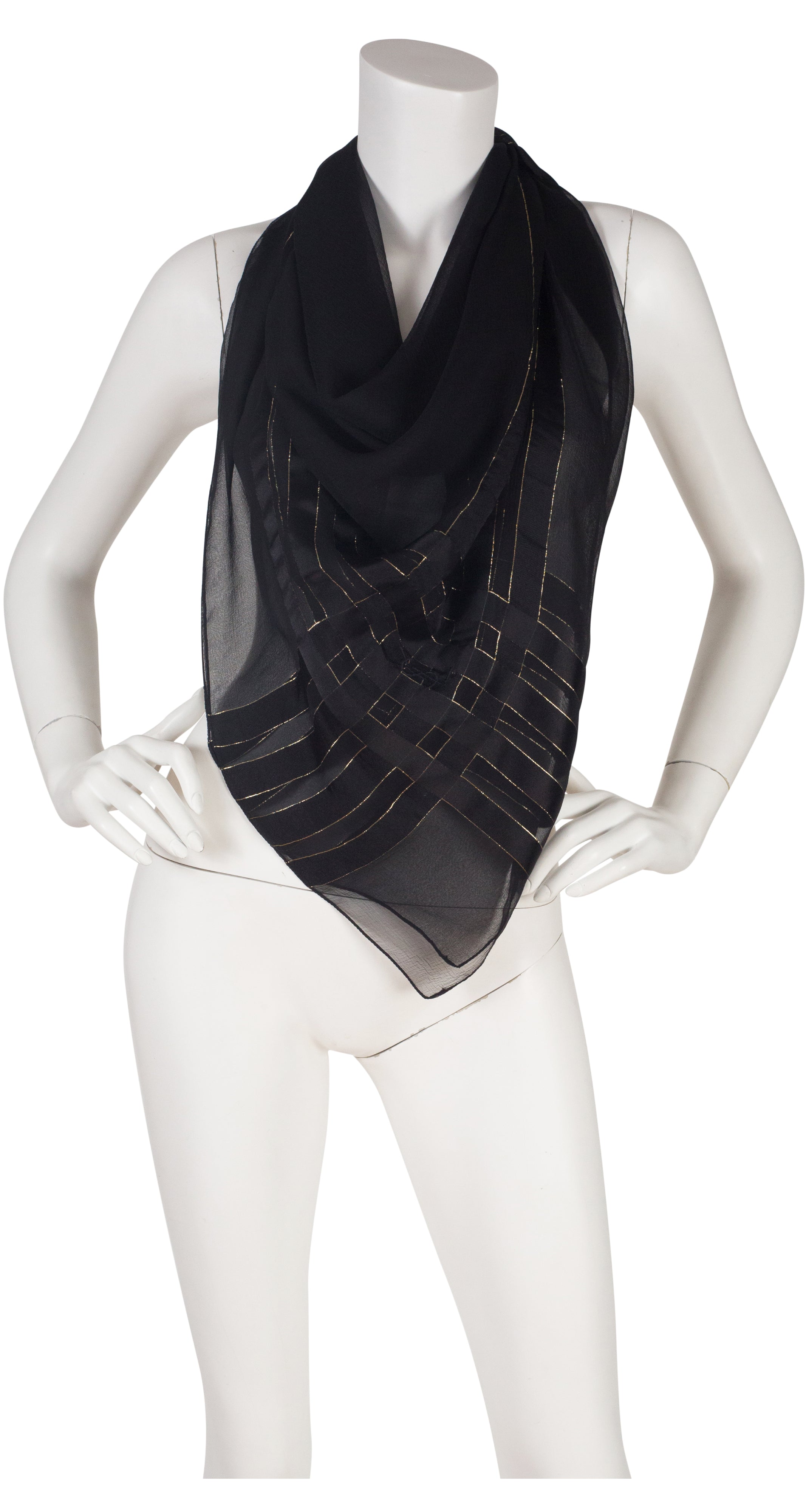 1970s Gold Lurex Black Silk Chiffon Shawl