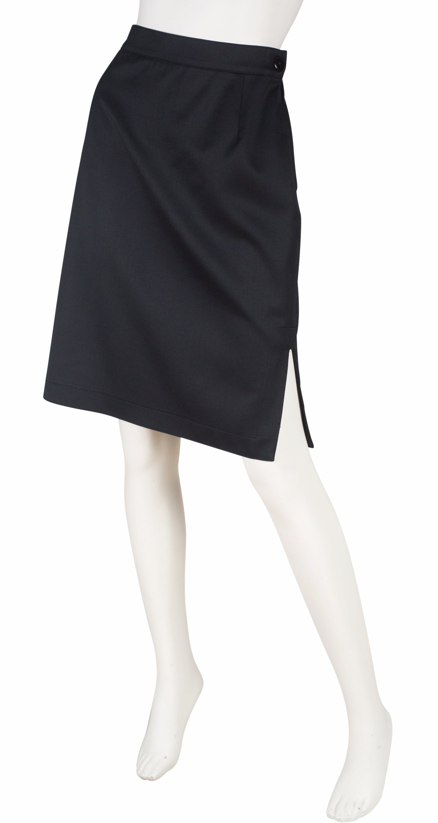 1990s Black Wool Leather Trim Skirt Suit