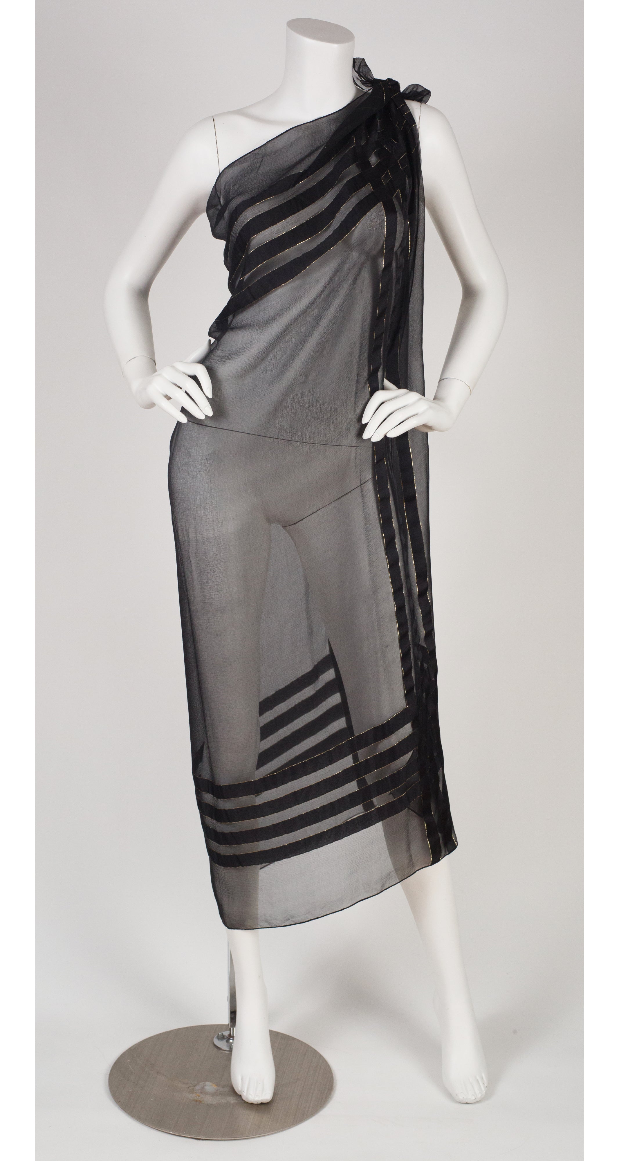 1970s Gold Lurex Black Silk Chiffon Shawl