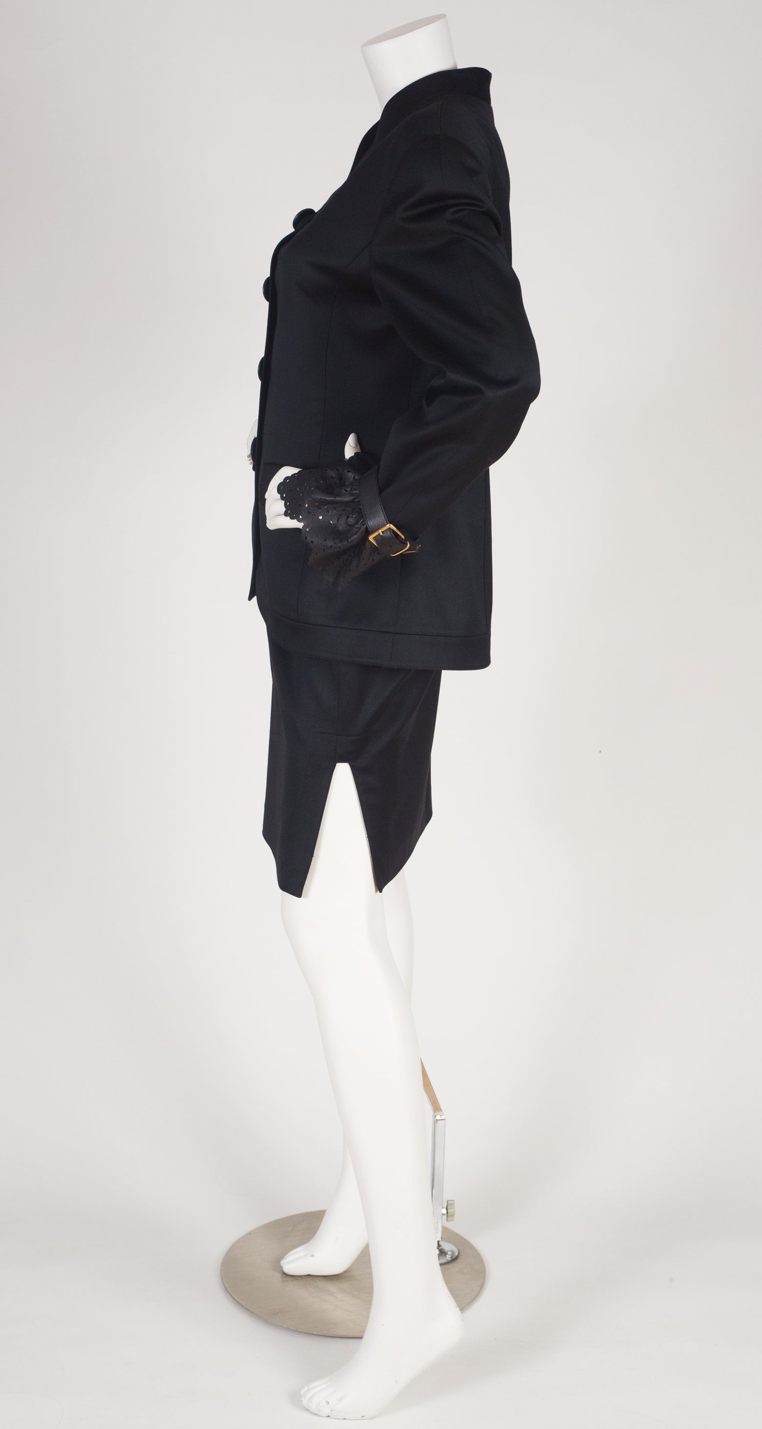 1990s Black Wool Leather Trim Skirt Suit