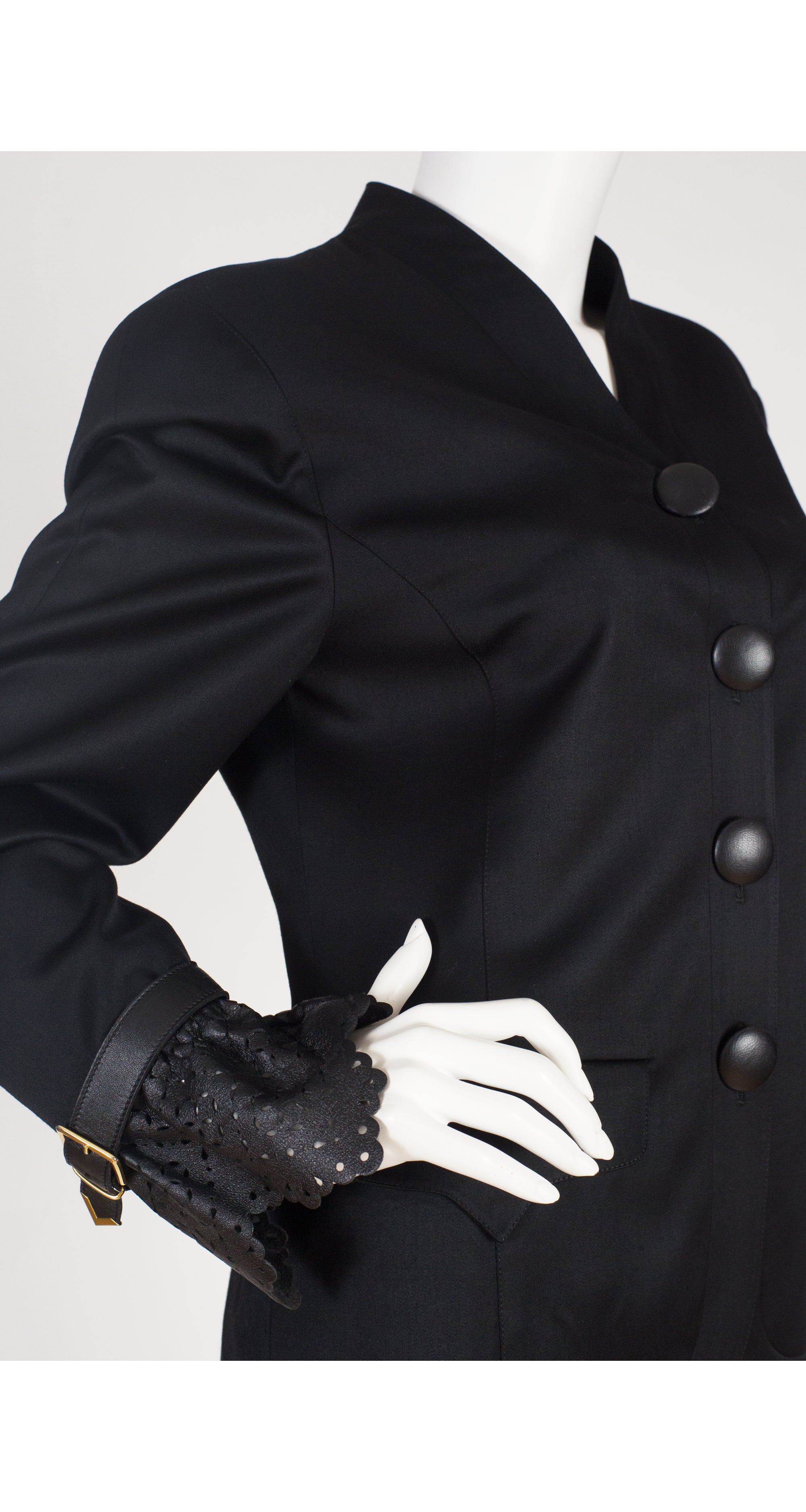 1990s Black Wool Leather Trim Skirt Suit