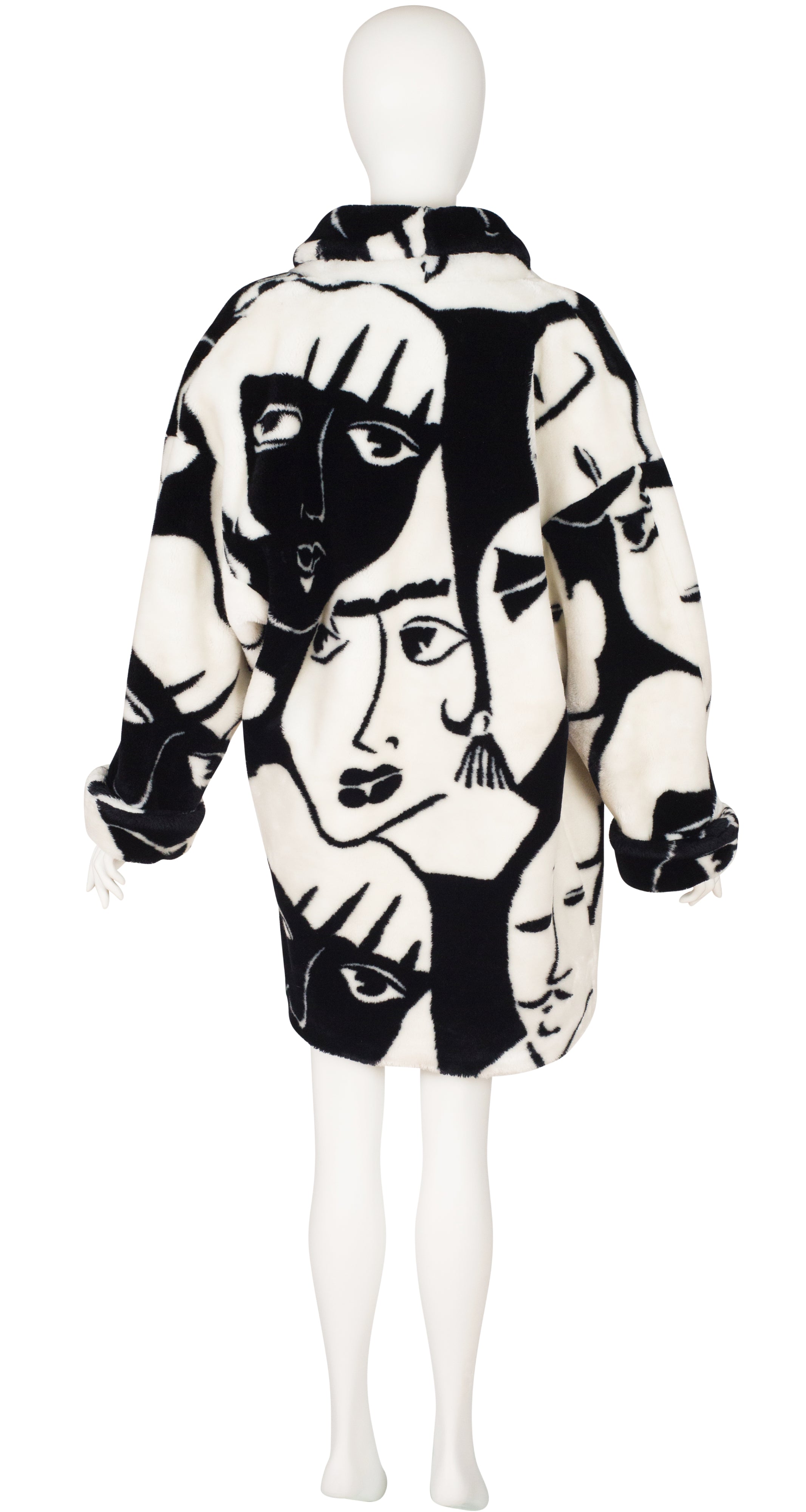 1980s Graphic Face Print Black & White Faux Fur Coat