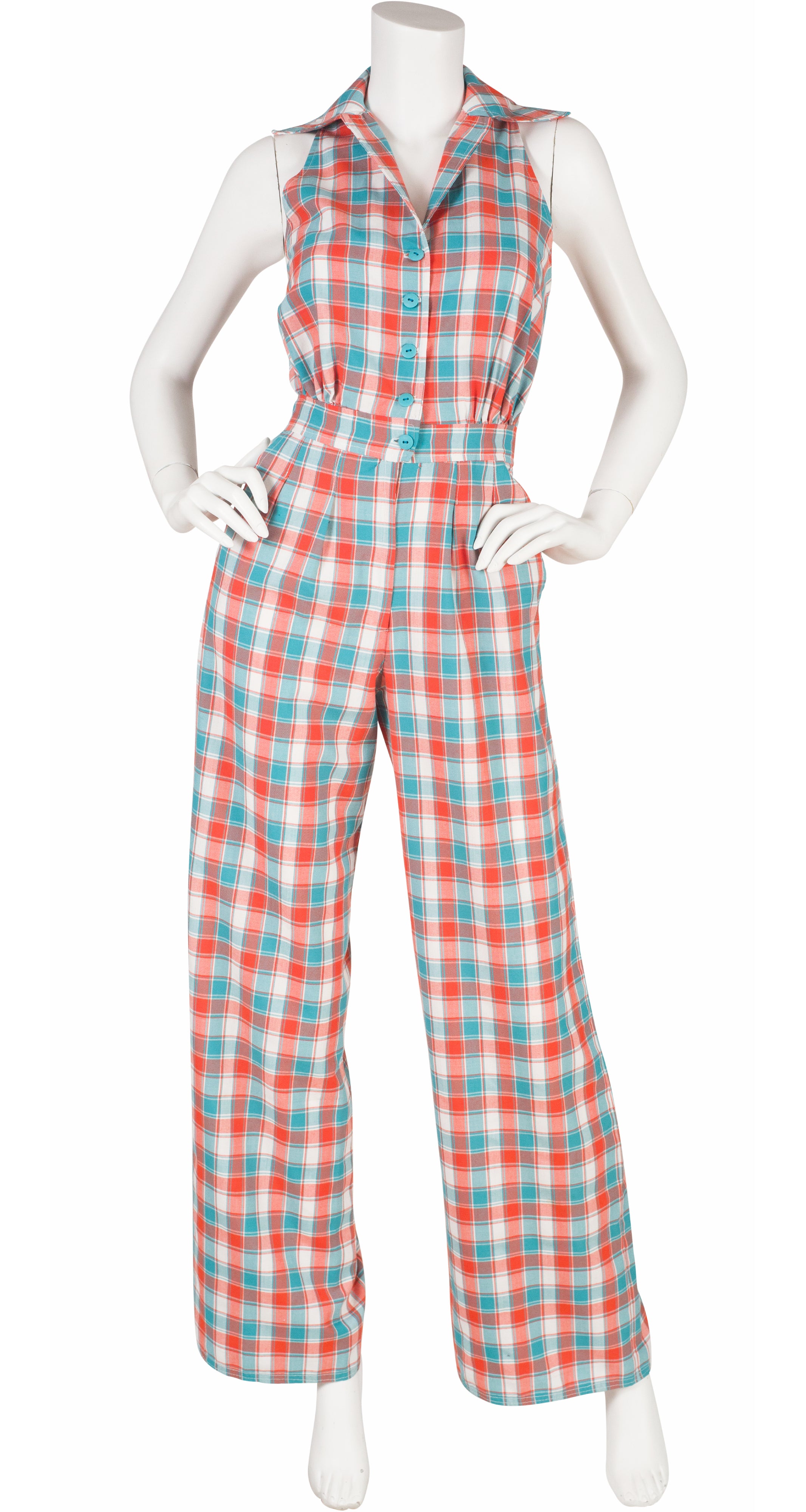 1970s Blue & Orange Plaid Collared Jumpsuit