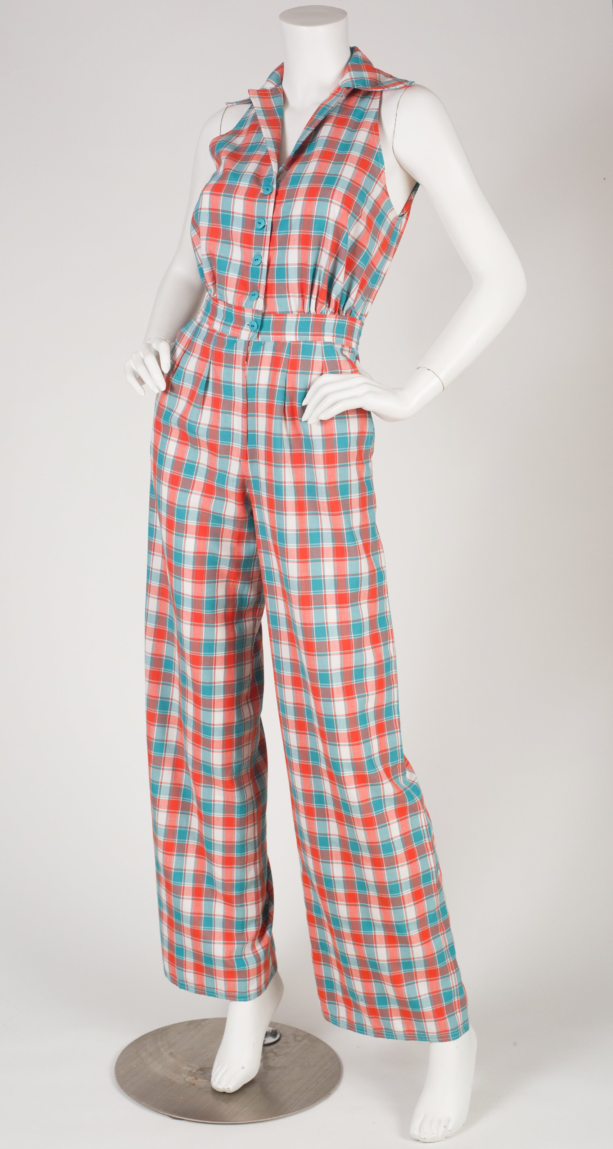 1970s Blue & Orange Plaid Collared Jumpsuit