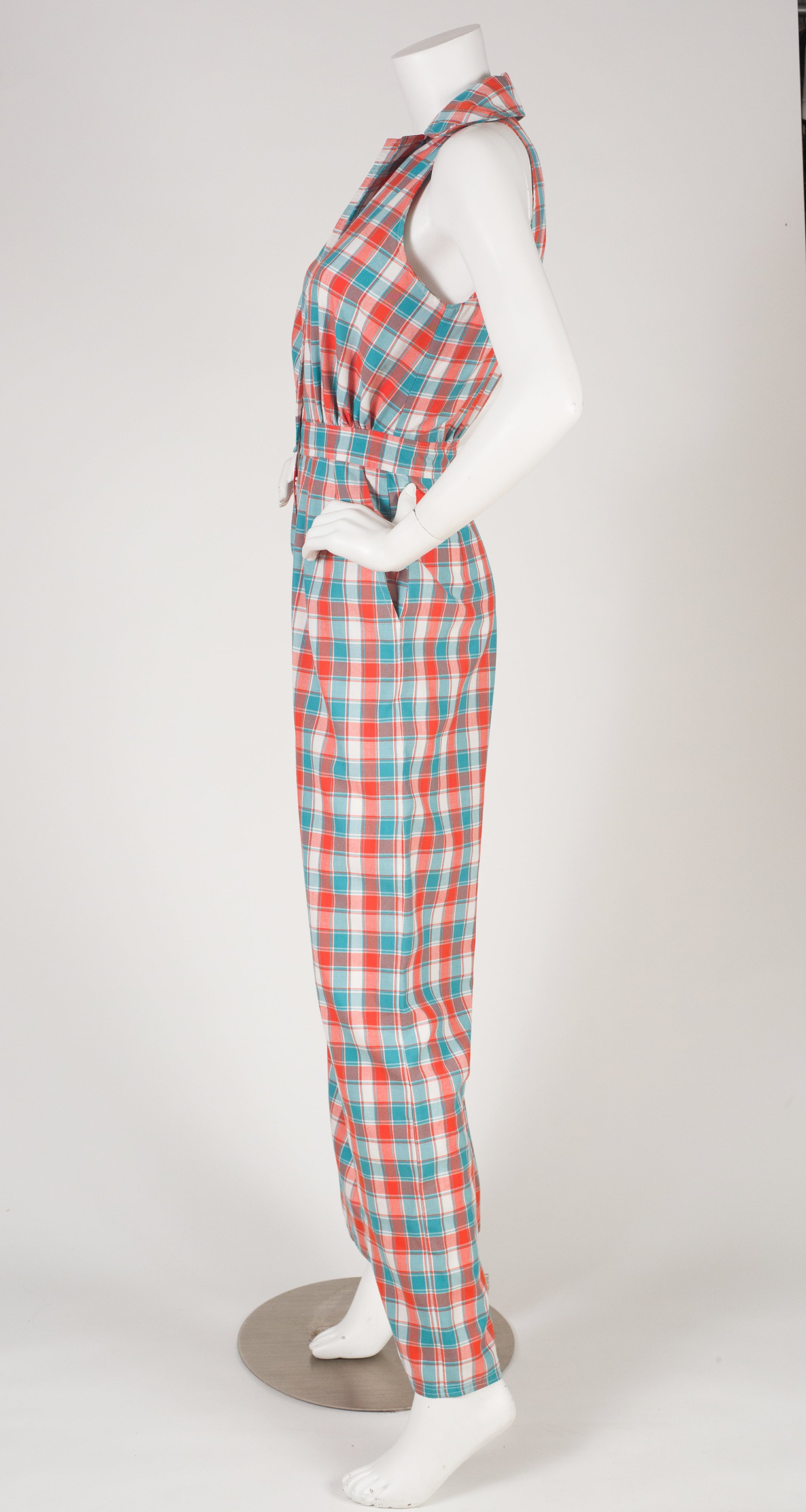 1970s Blue & Orange Plaid Collared Jumpsuit