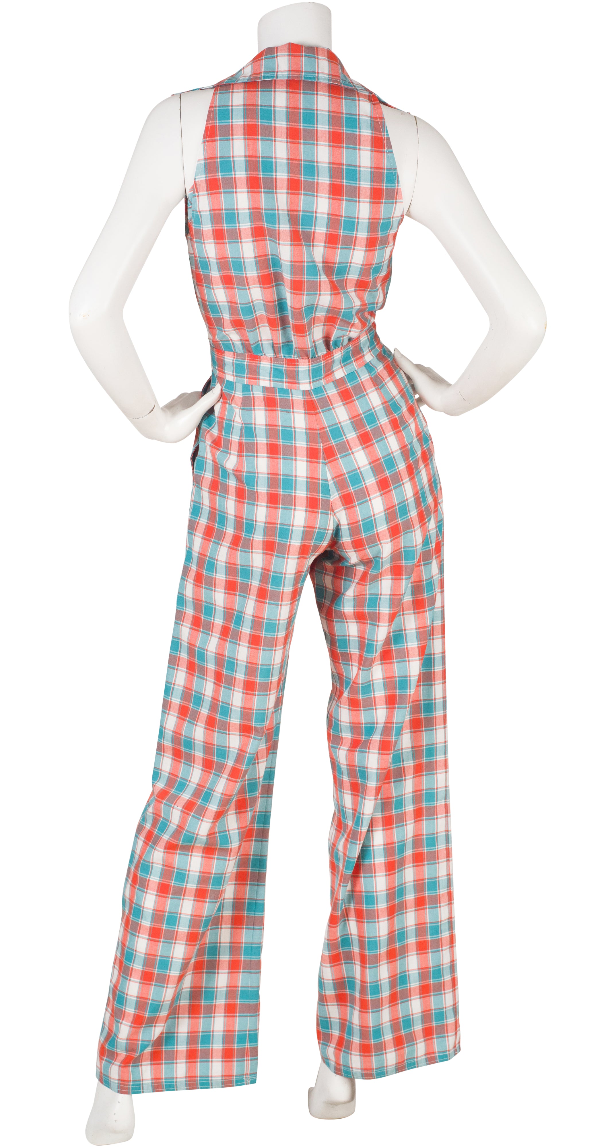 1970s Blue & Orange Plaid Collared Jumpsuit