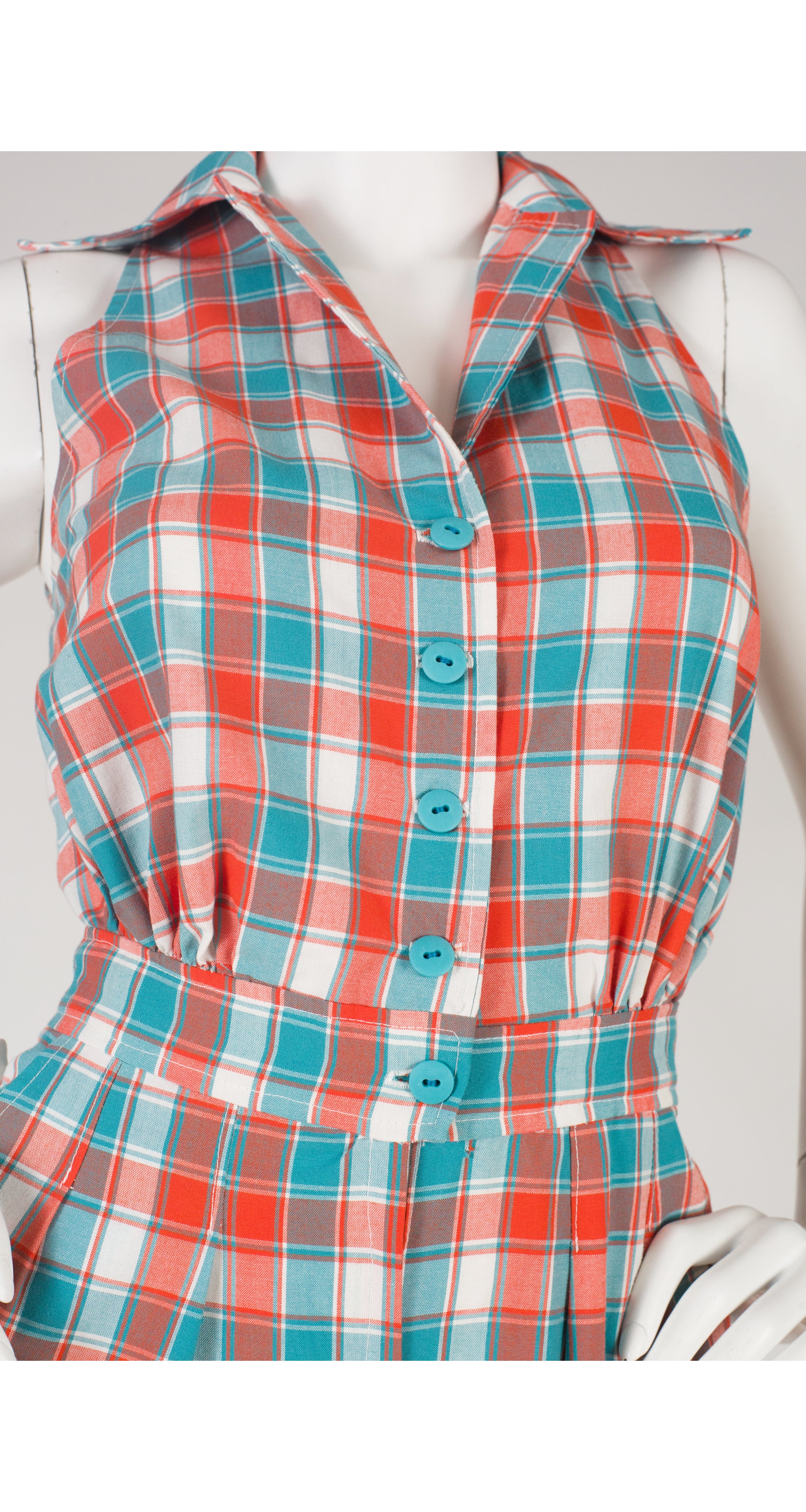 1970s Blue & Orange Plaid Collared Jumpsuit