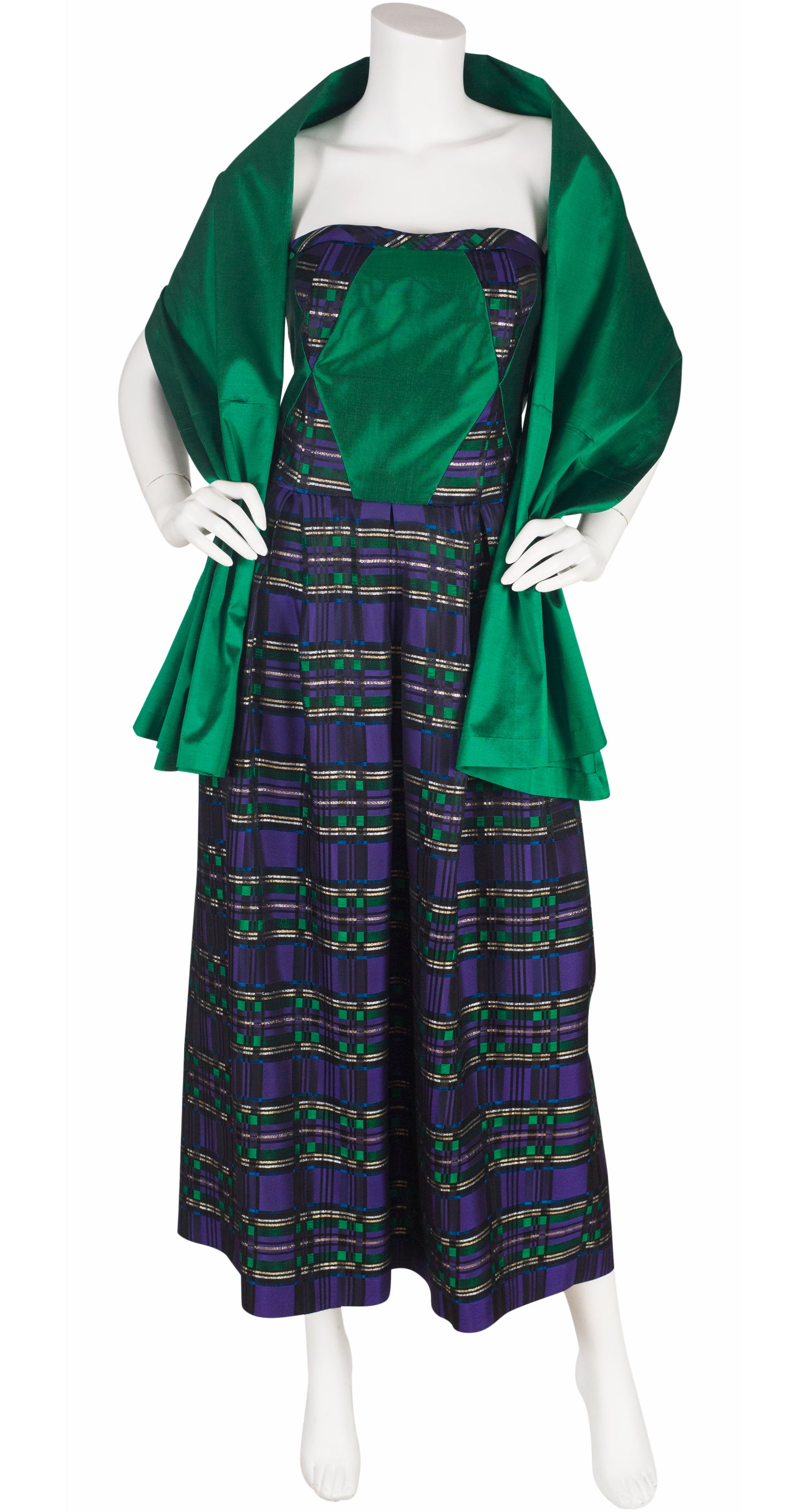 1990s Harlequin Lurex Silk Strapless Gown & Shawl Set