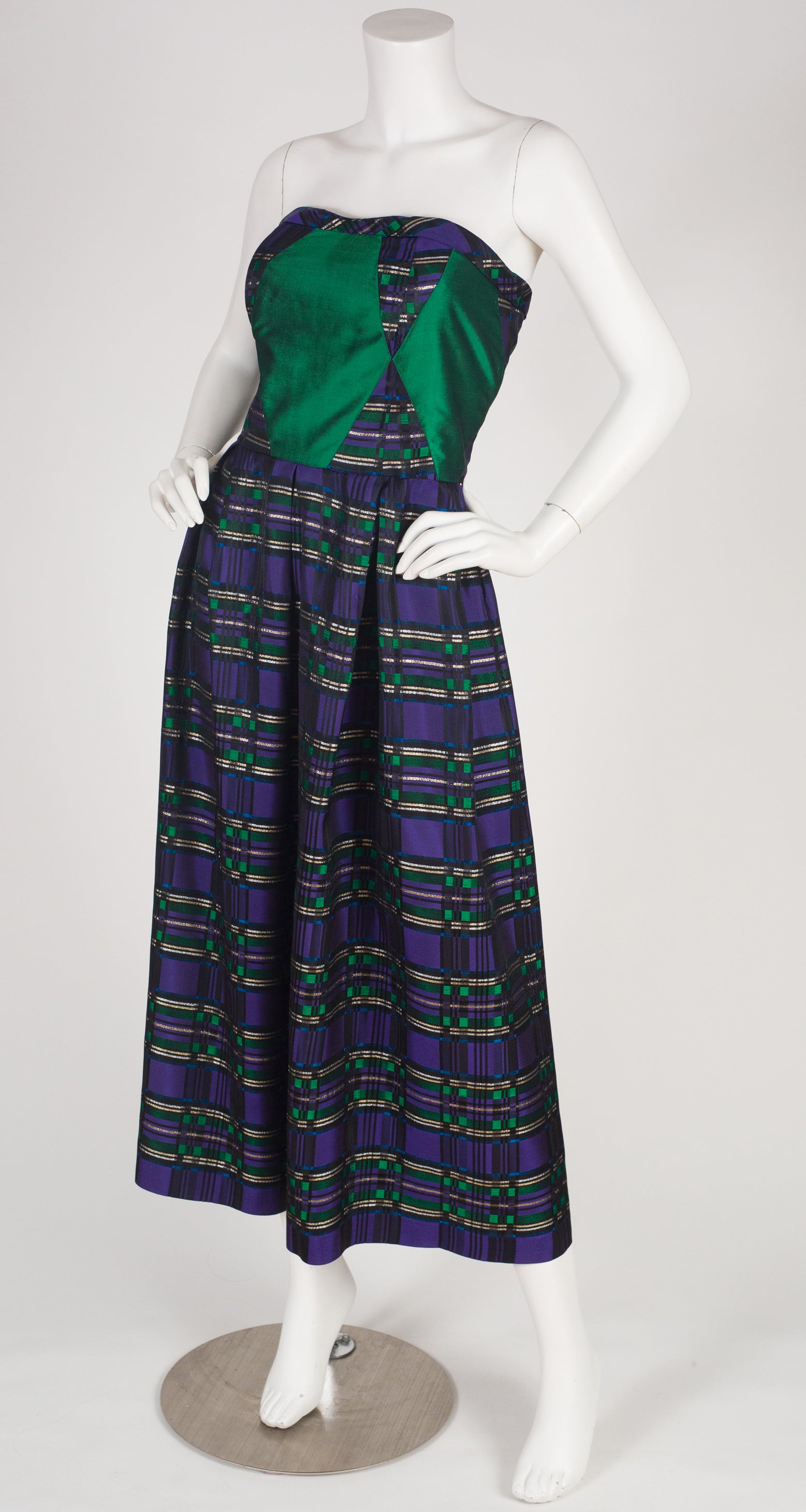 1990s Harlequin Lurex Silk Strapless Gown & Shawl Set