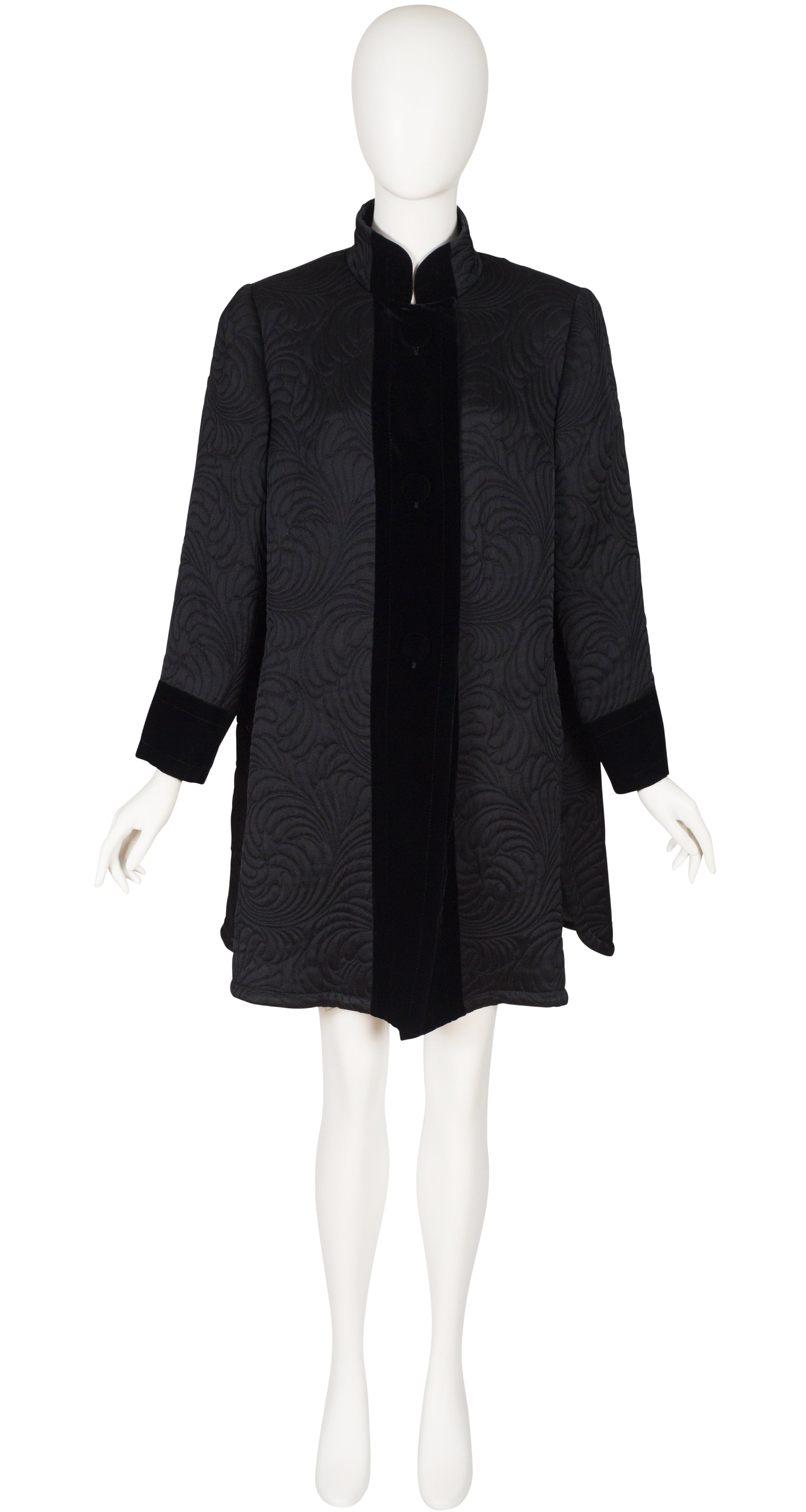 1992 F/W Black Quilted Satin Velvet Trim Swing Coat