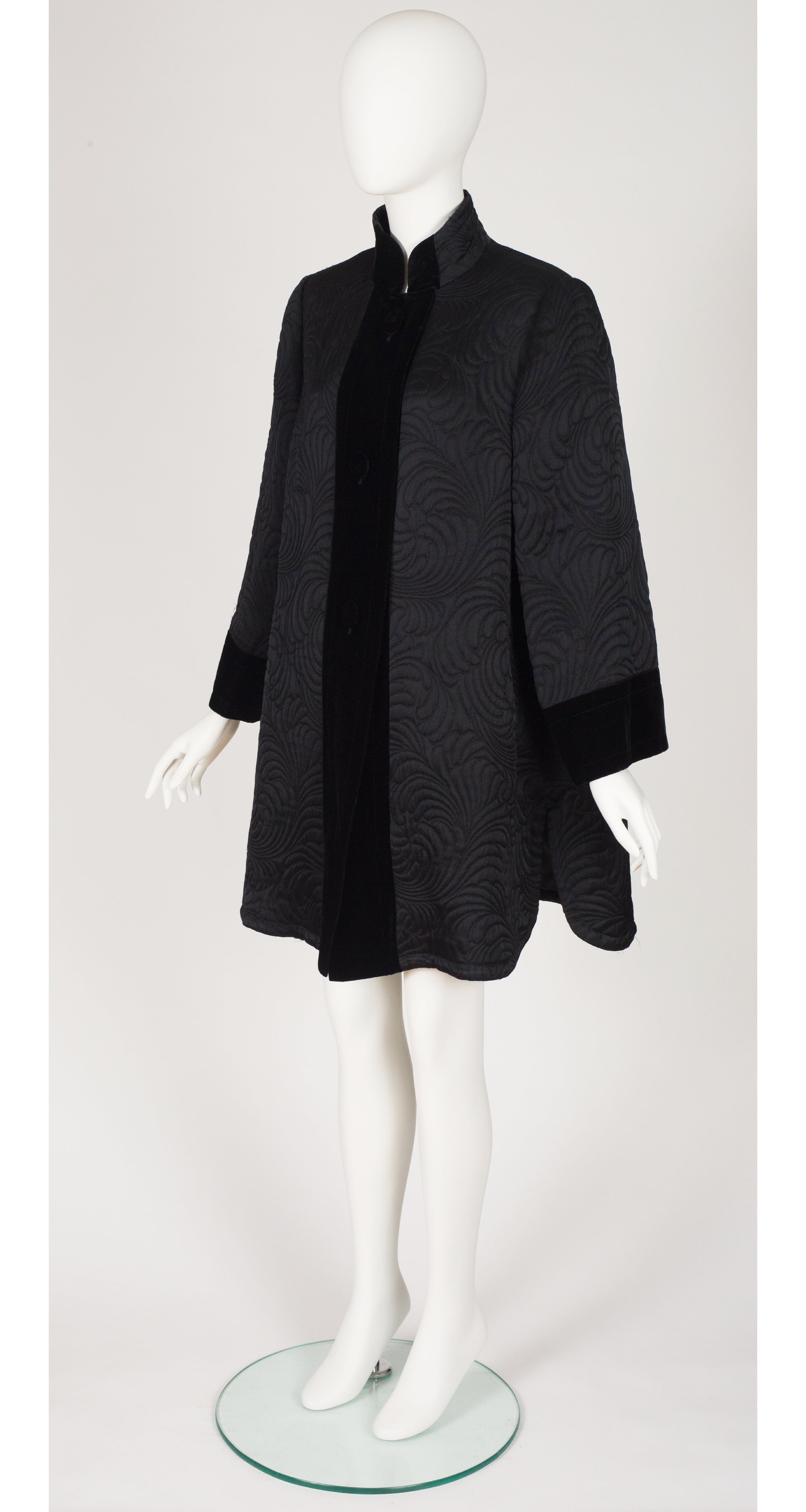 1992 F/W Black Quilted Satin Velvet Trim Swing Coat