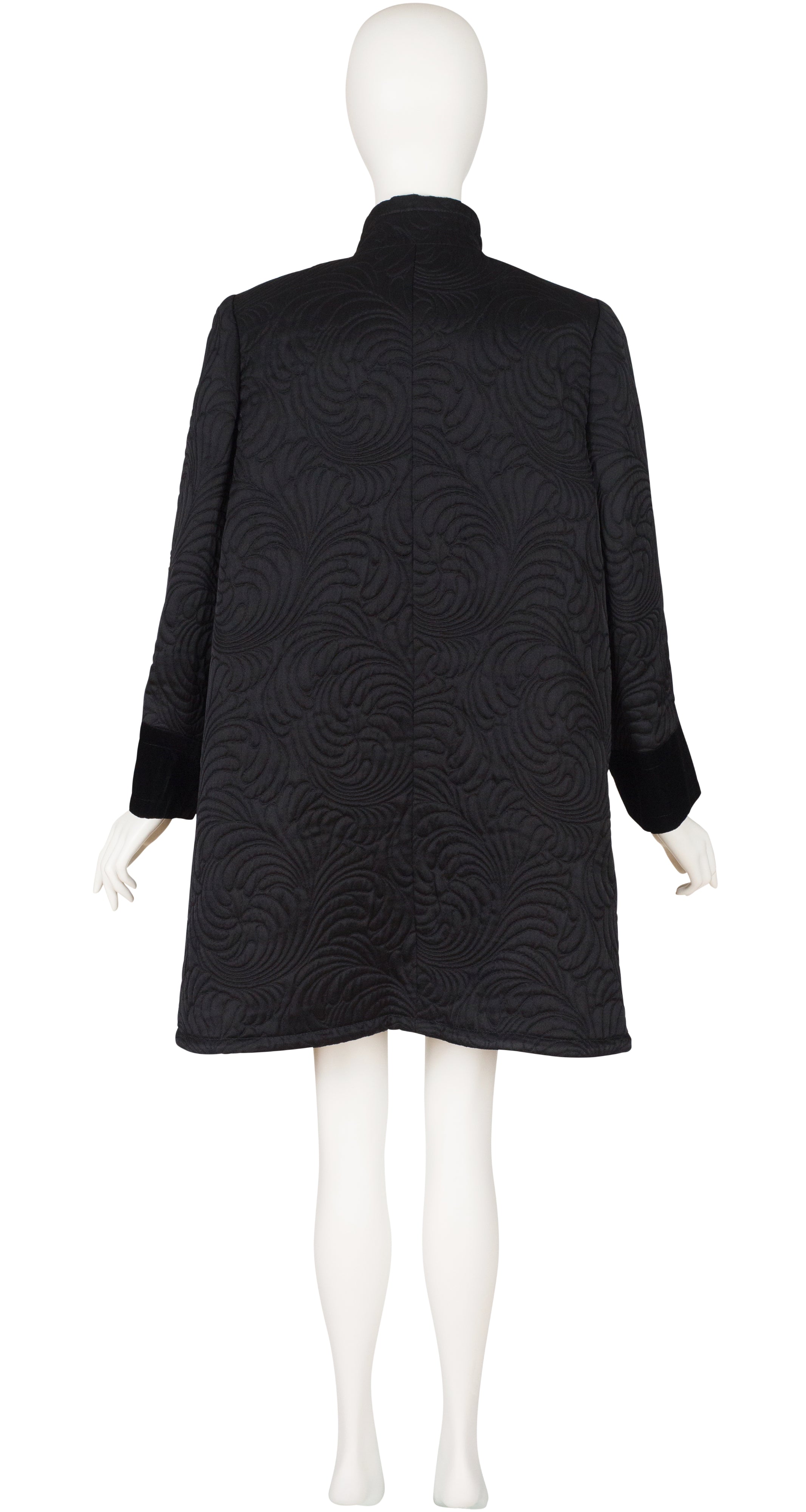 1992 F/W Black Quilted Satin Velvet Trim Swing Coat