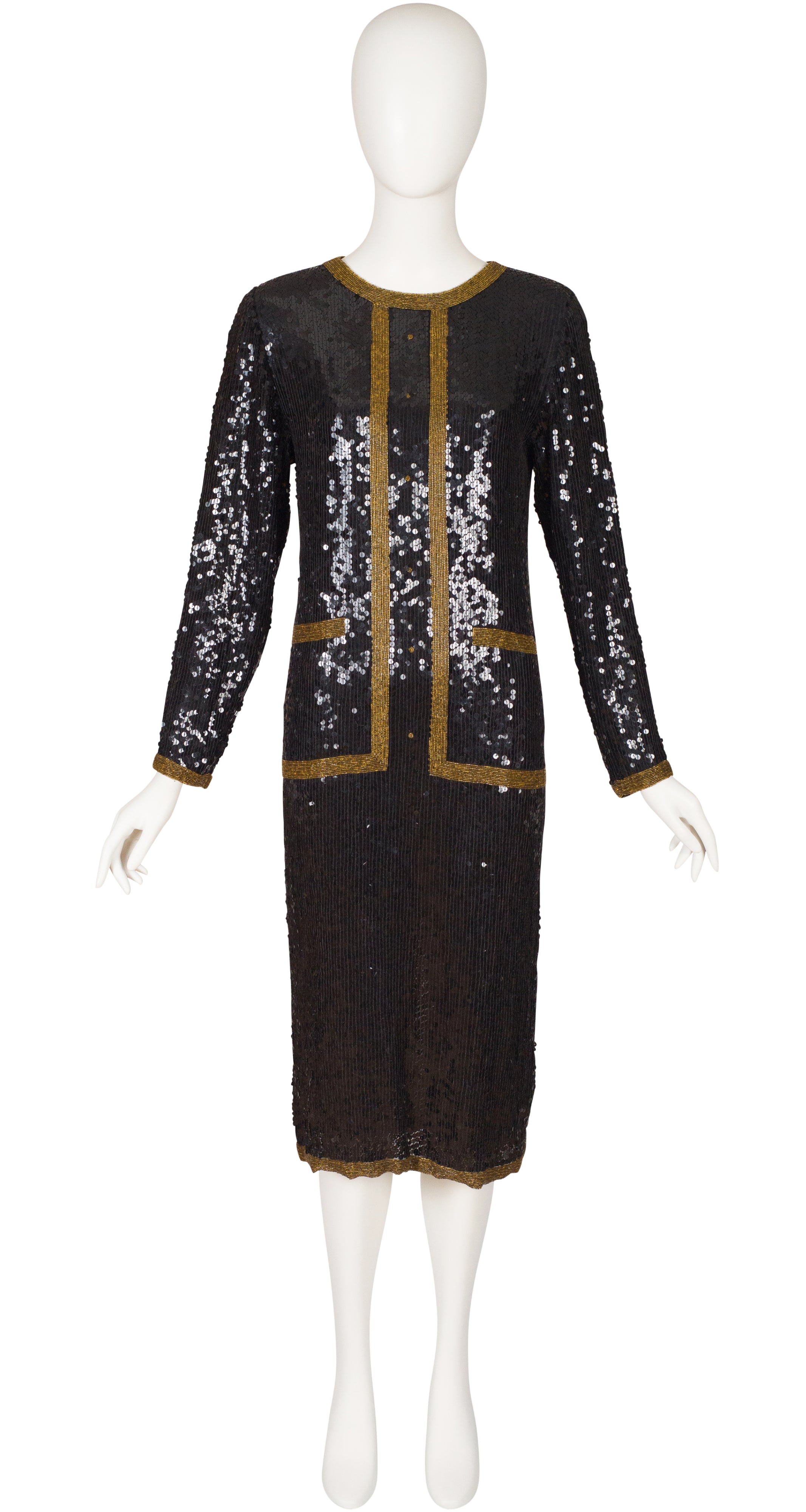 1980s Tuxedo Trompe L'oeil Black Sequin Evening Dress