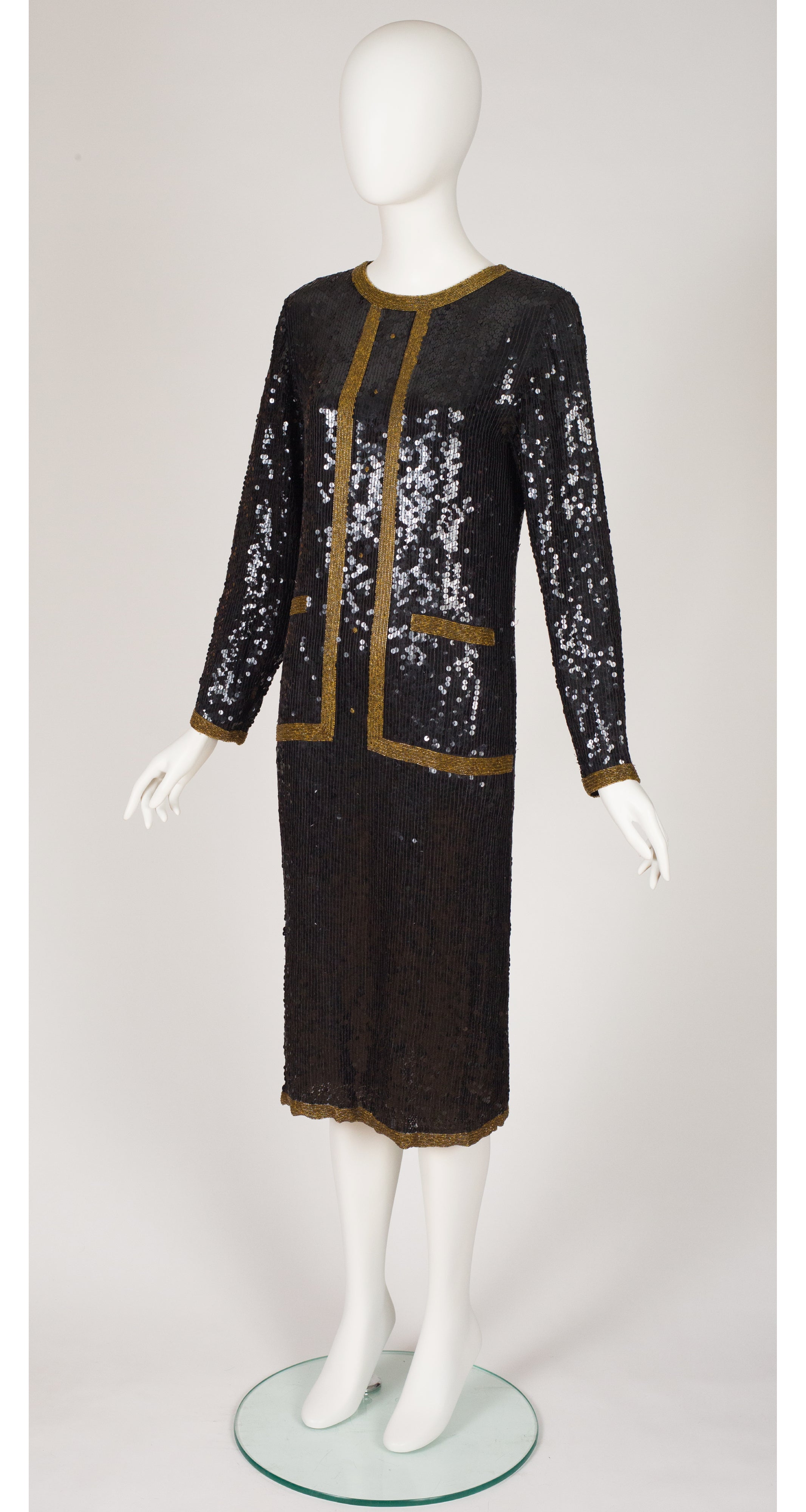 1980s Tuxedo Trompe L'oeil Black Sequin Evening Dress