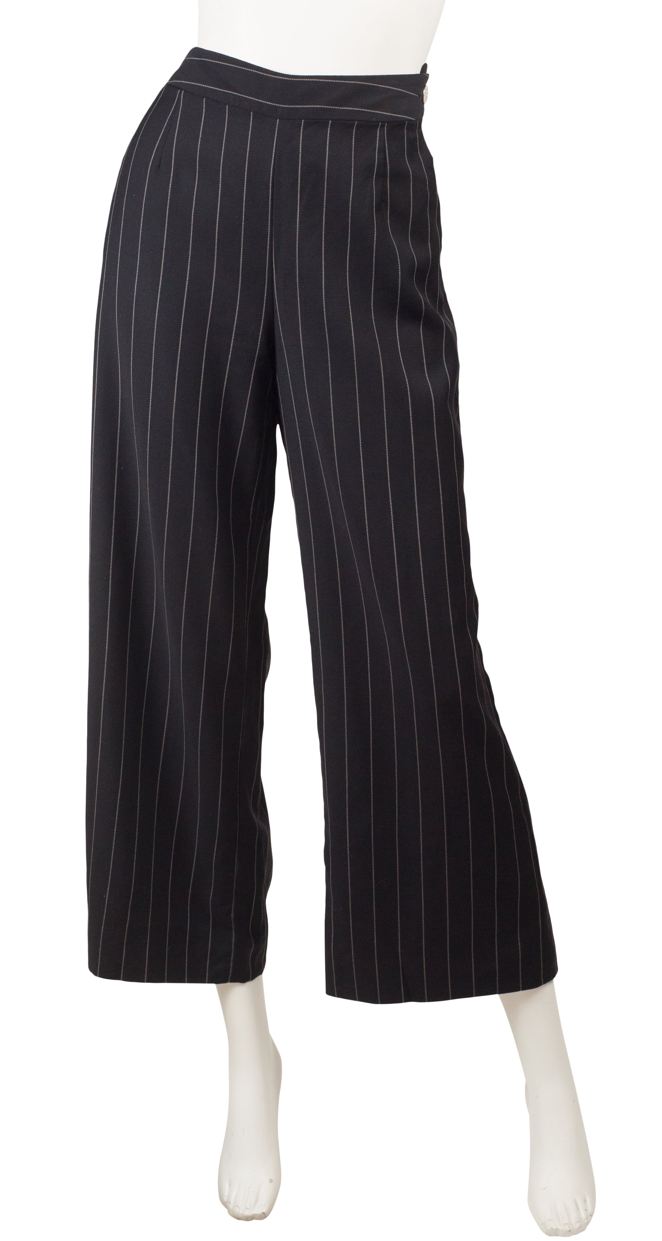 2000s Red Label Pinstripe Black Wool Wide-Leg Trousers