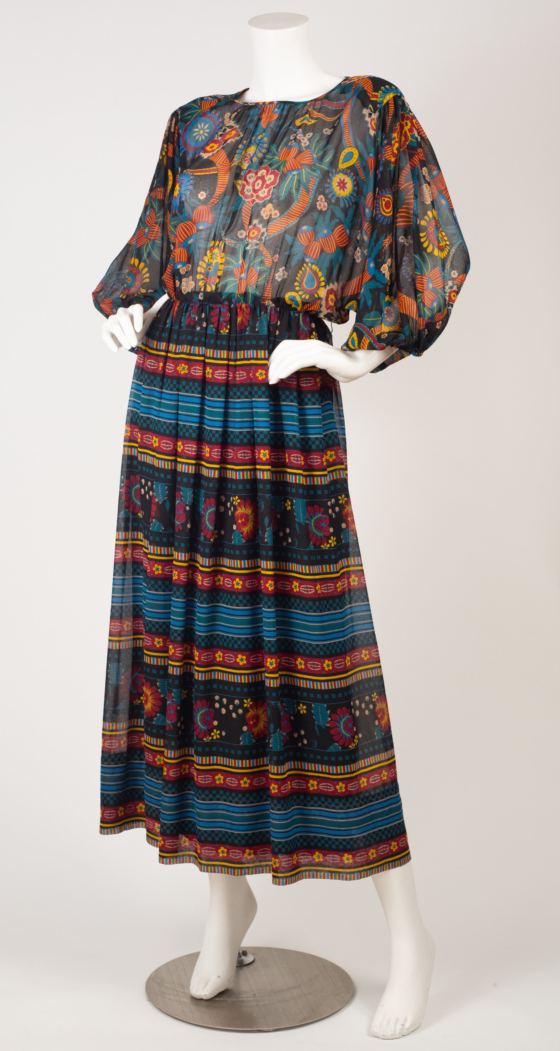 1970s Floral Chiffon Balloon Sleeve Dress