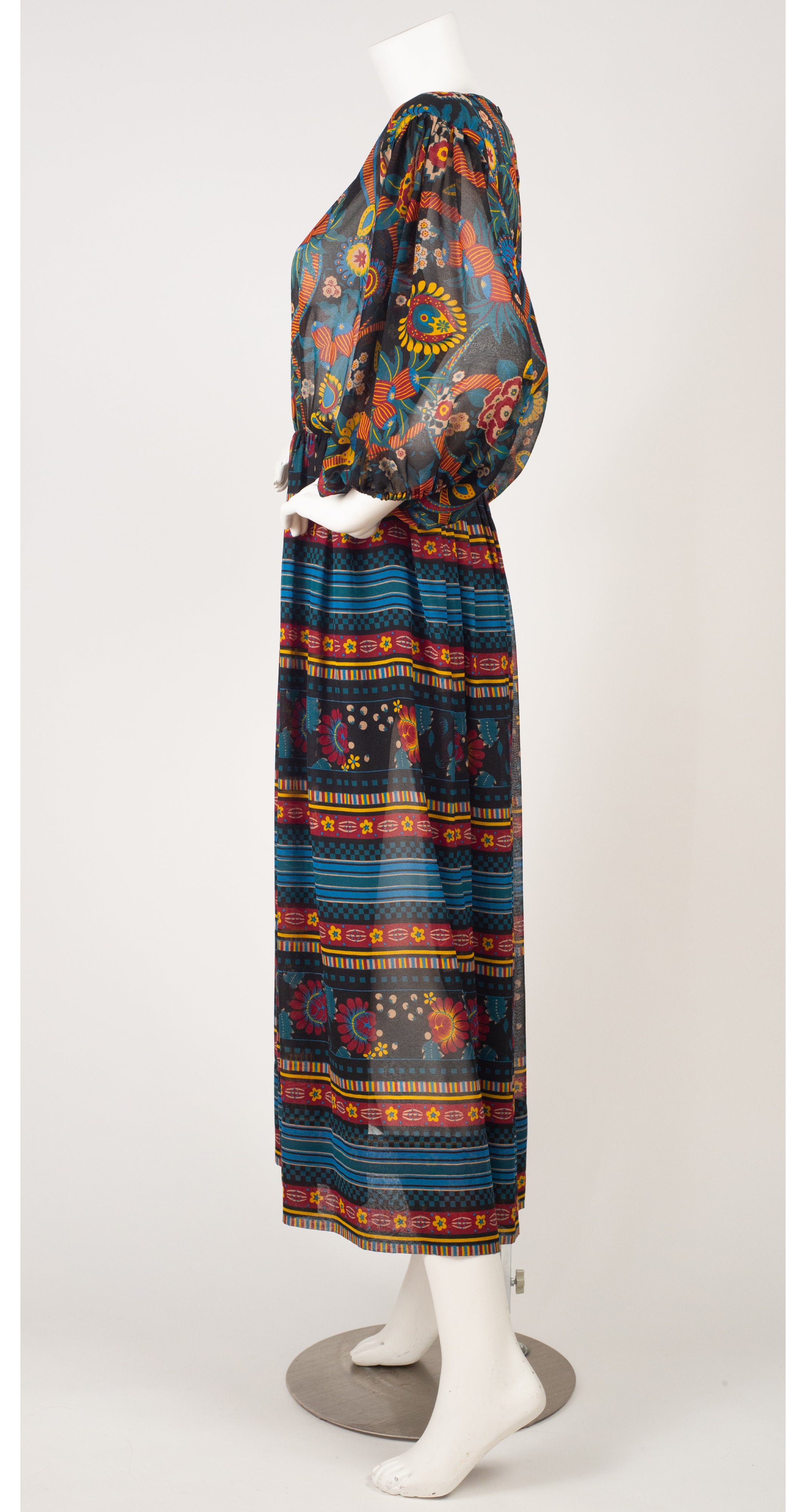1970s Floral Chiffon Balloon Sleeve Dress