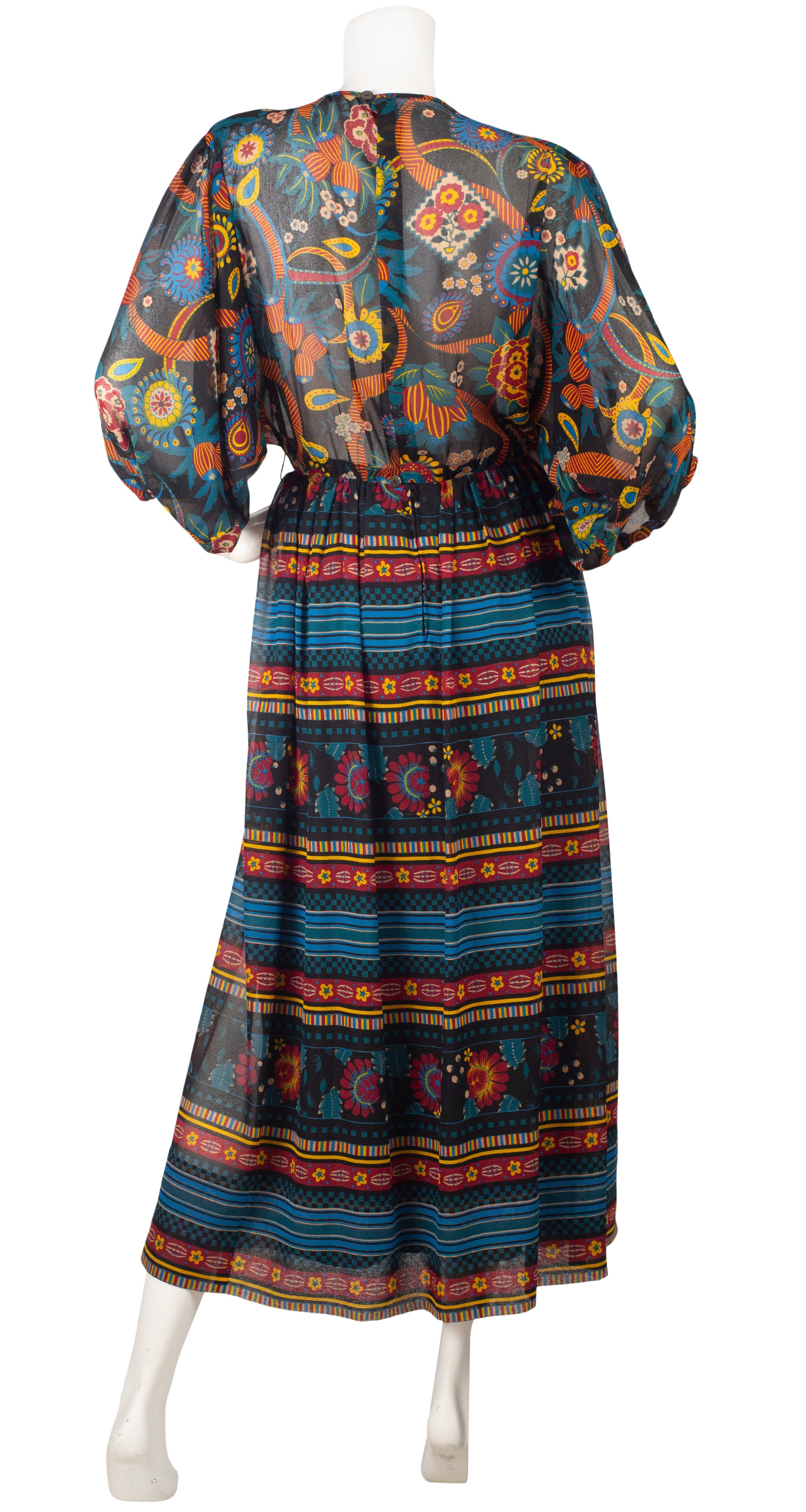 1970s Floral Chiffon Balloon Sleeve Dress