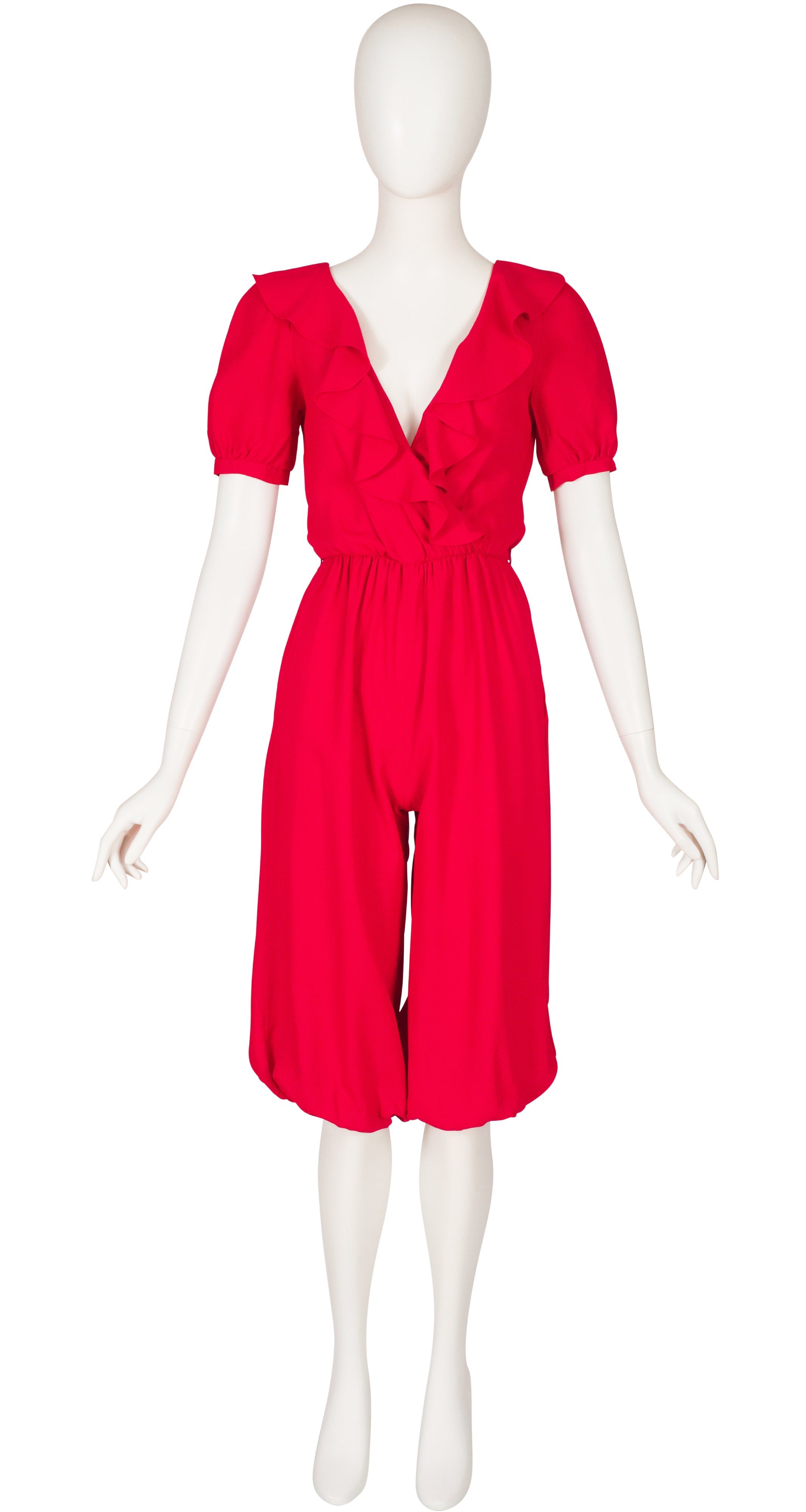 1970s Red Crepe Ruffle Collar Harem Jumpsuit