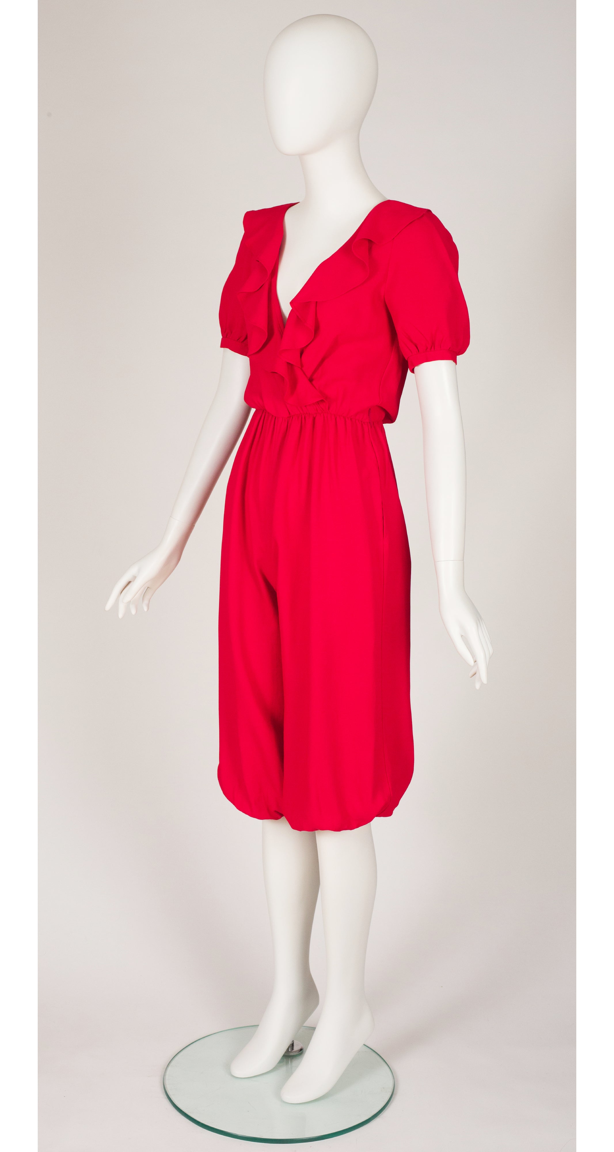 1970s Red Crepe Ruffle Collar Harem Jumpsuit
