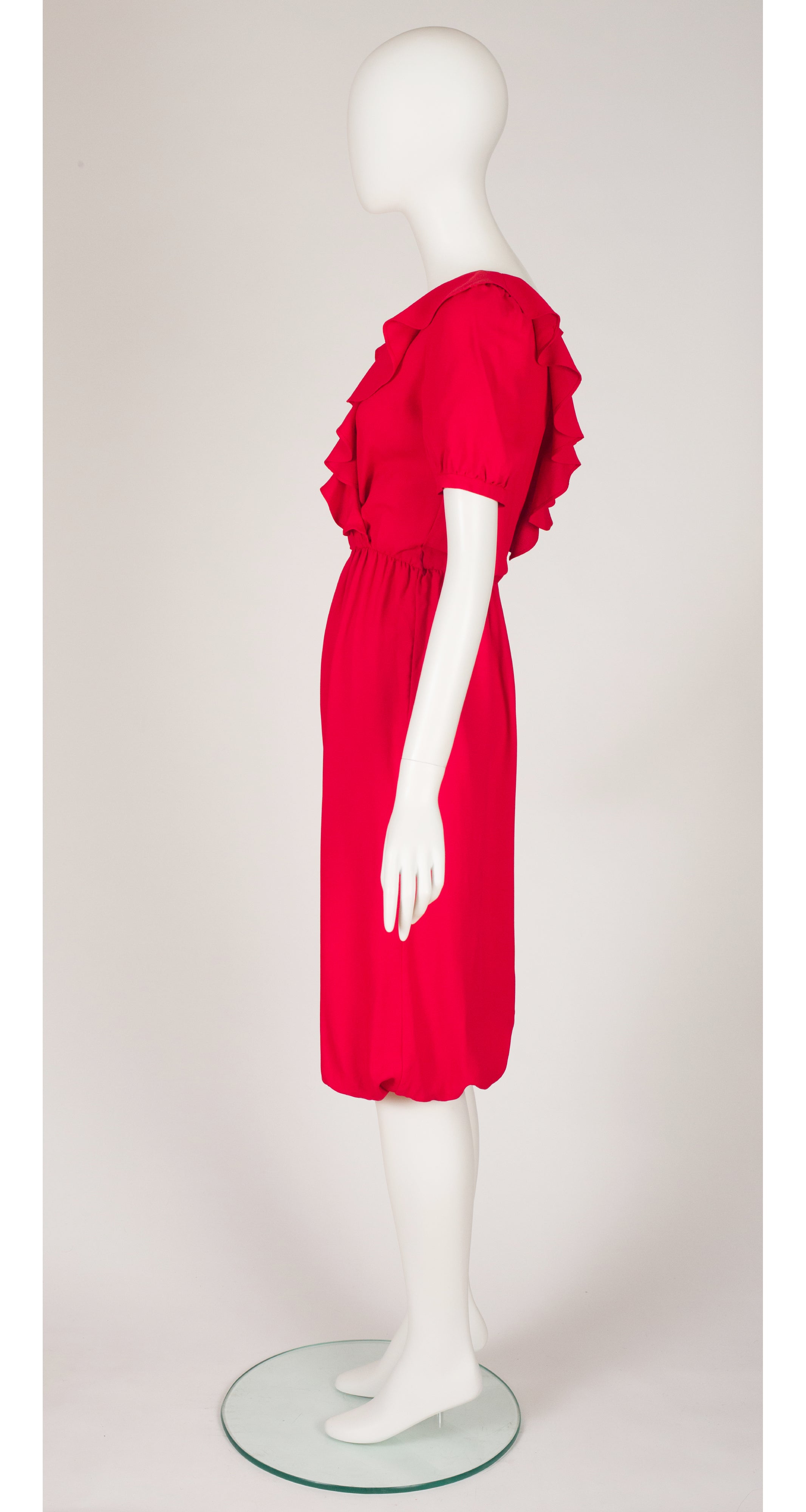 1970s Red Crepe Ruffle Collar Harem Jumpsuit