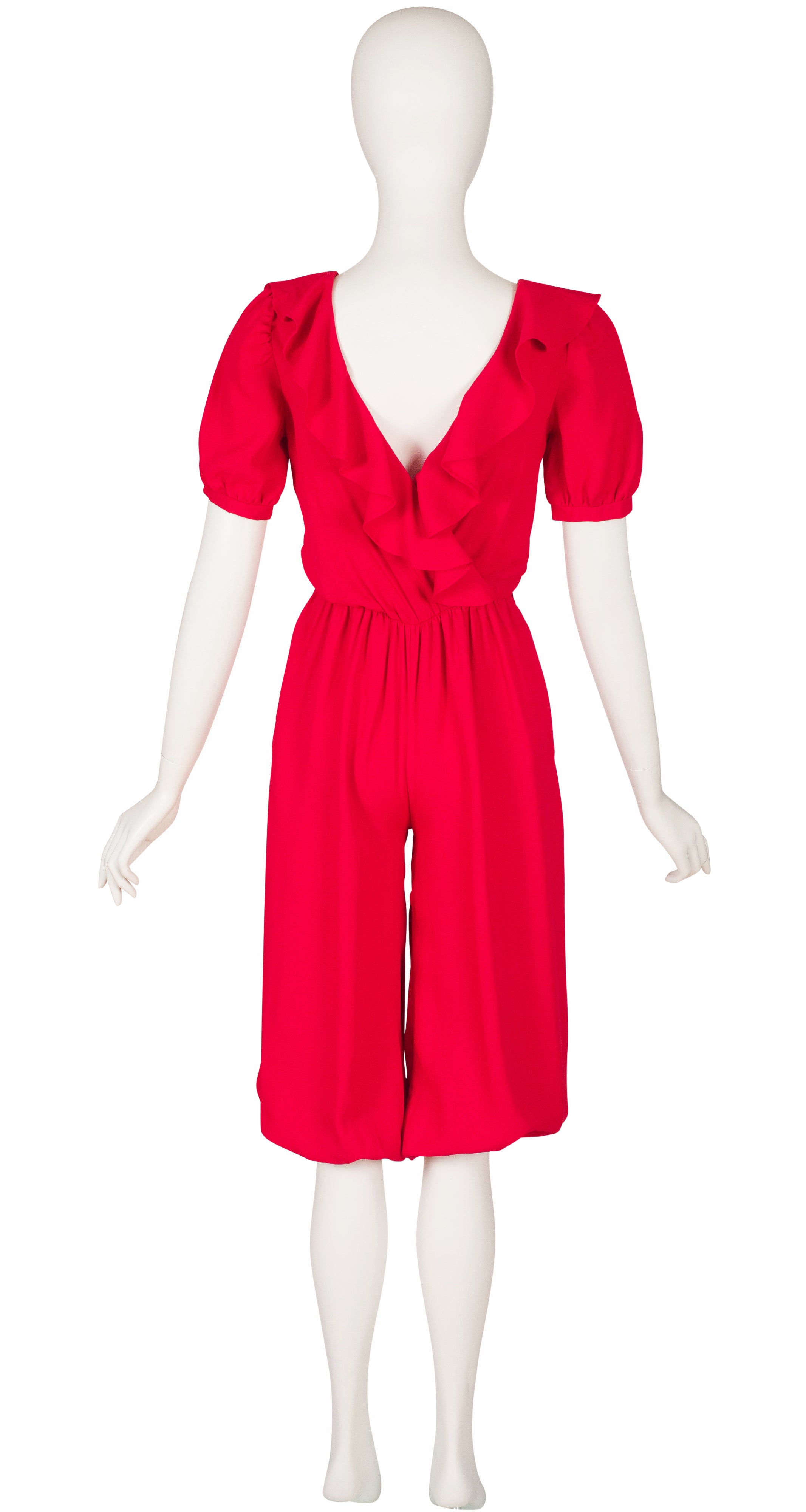 1970s Red Crepe Ruffle Collar Harem Jumpsuit